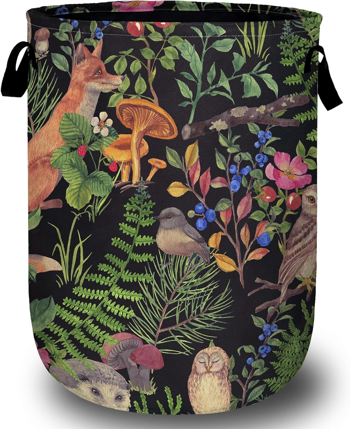Leaves Mushroom Flower Laundry Basket with Sturdy Handles, Fox Bird Owl Collapsible Oxford Cloth Laundry Hamper Organizer Basket for Bathroom Bedroom 15.7x20 Inch