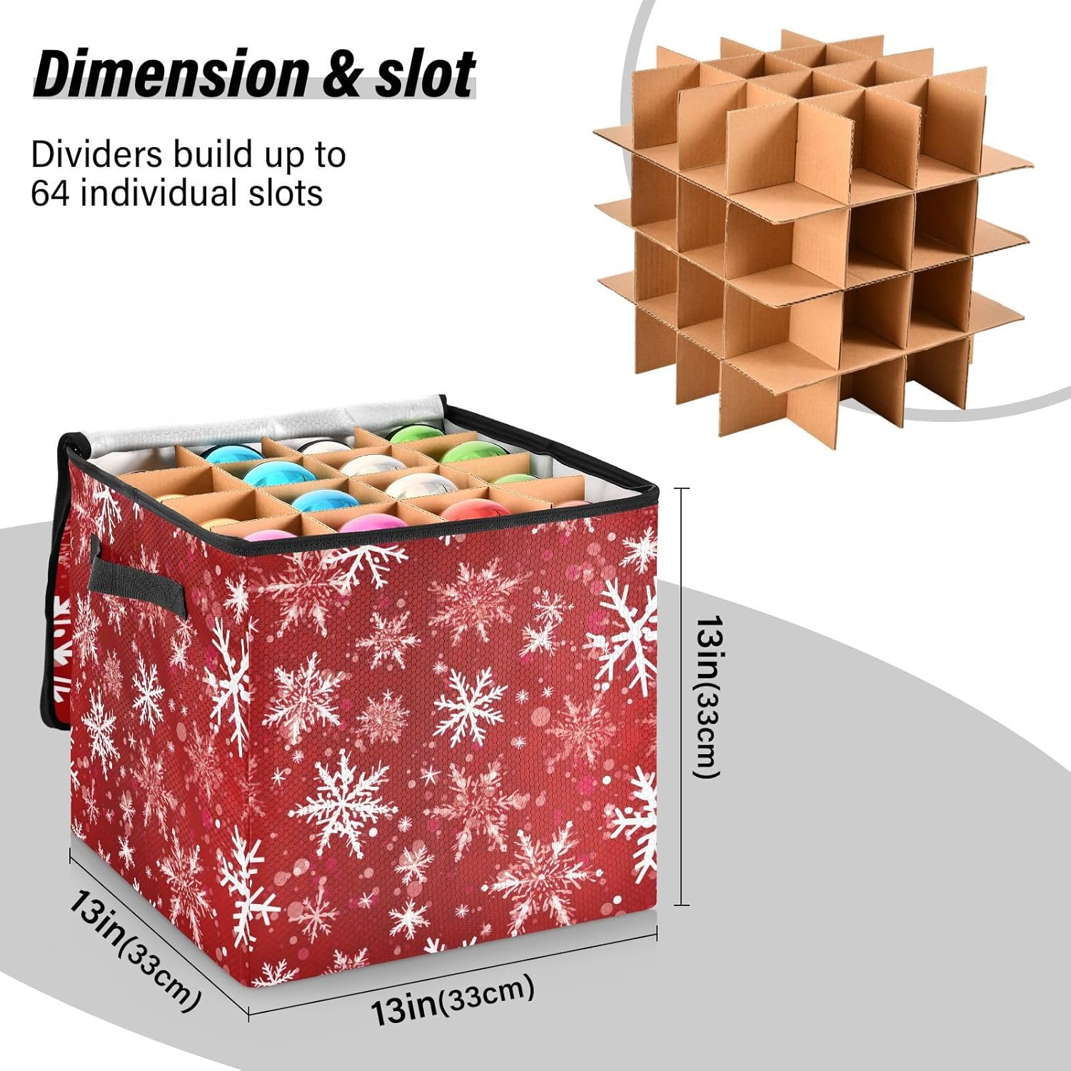 Christmas Red Snowflakes Christmas Ornament Storage Box for Next Season Holiday Decorations Storage Container with Adjustable Dividers & Lid Lidded Storage Bins for Organizing Ornaments Balls Decor