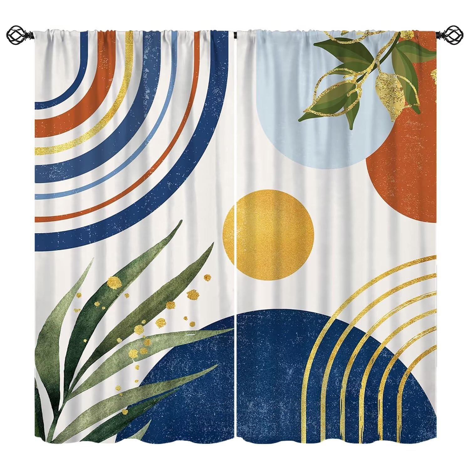 Navy Blue Abstract Boho Curtain Modern Green Gold Leaves Window Treatments for Kitchen Bedroom Mid Century Bohemian Minimalist Geometric Arch Plant Farmhouse Living Room Drapes W52xL84in