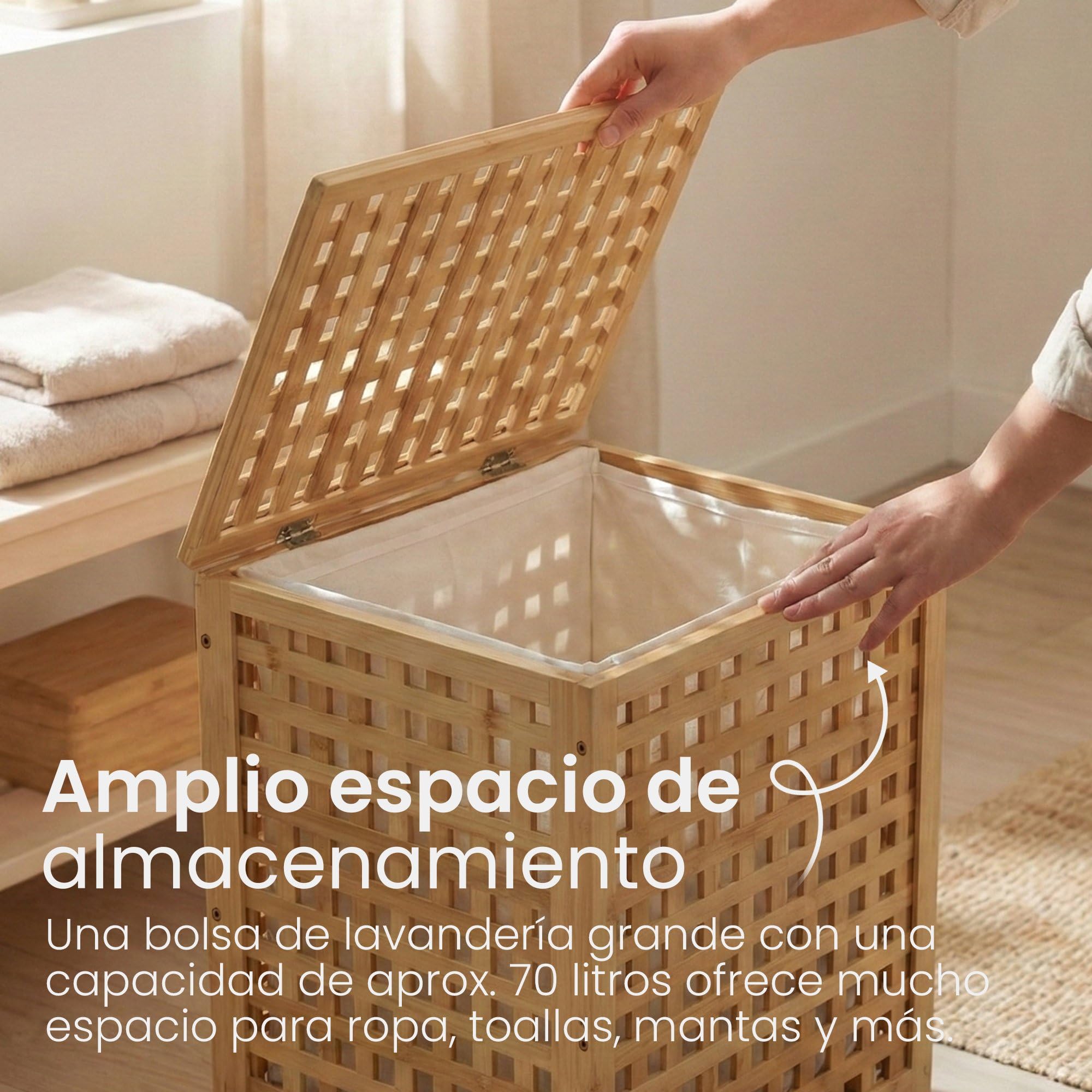 CLP Caja de ropa sucia Ronthy, recolector de ropa de madera, bolsa de lavandería extraíble y lavable de 70L, estructura de bambú para baño, Color:natura