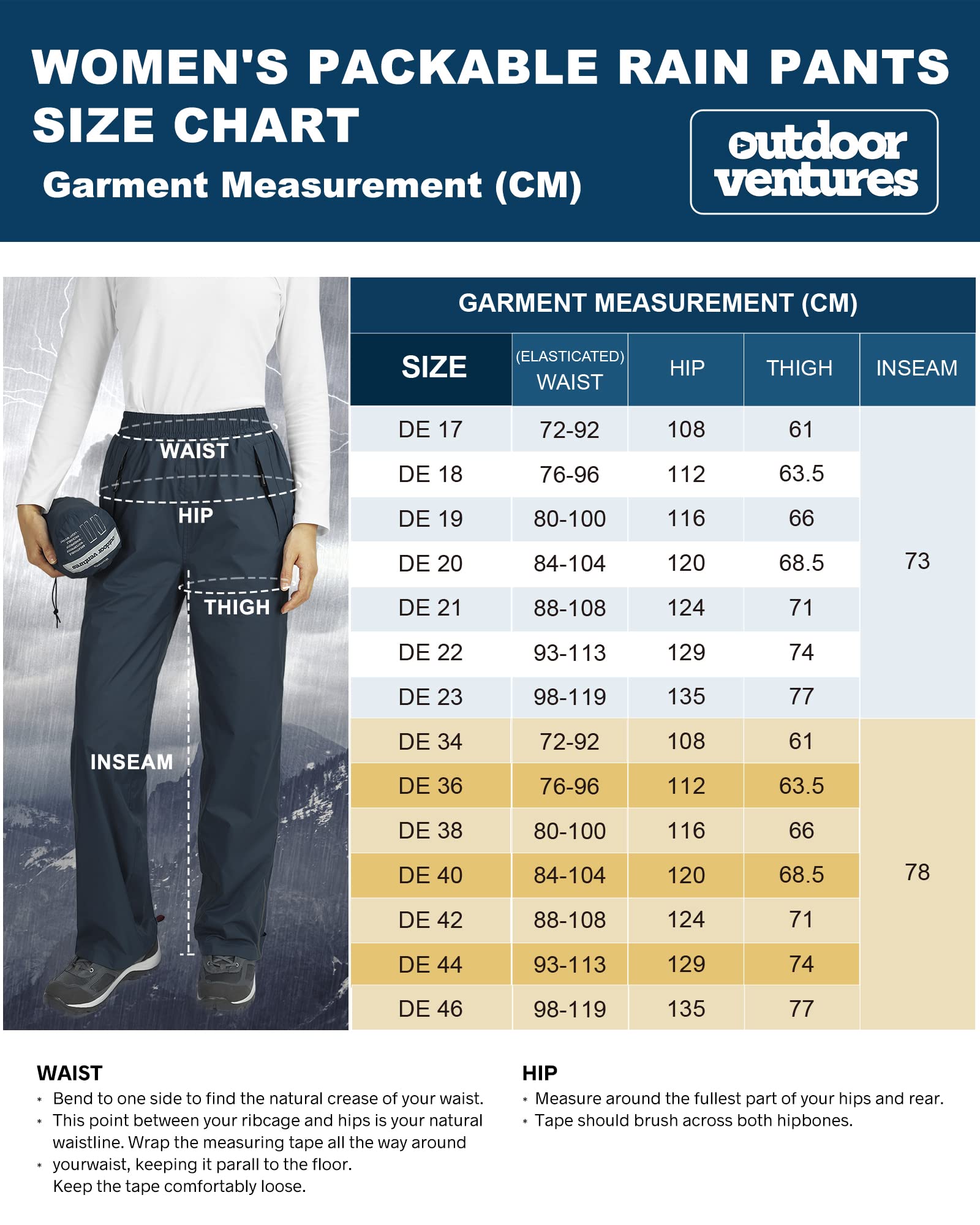 Outdoor Ventures Pantalon de pluie pour femme, imperméable, respirant, doublé, coupe-vent, pliable, pantalon softshell léger pour la randonnée et le vélo, bleu moyen, 34
