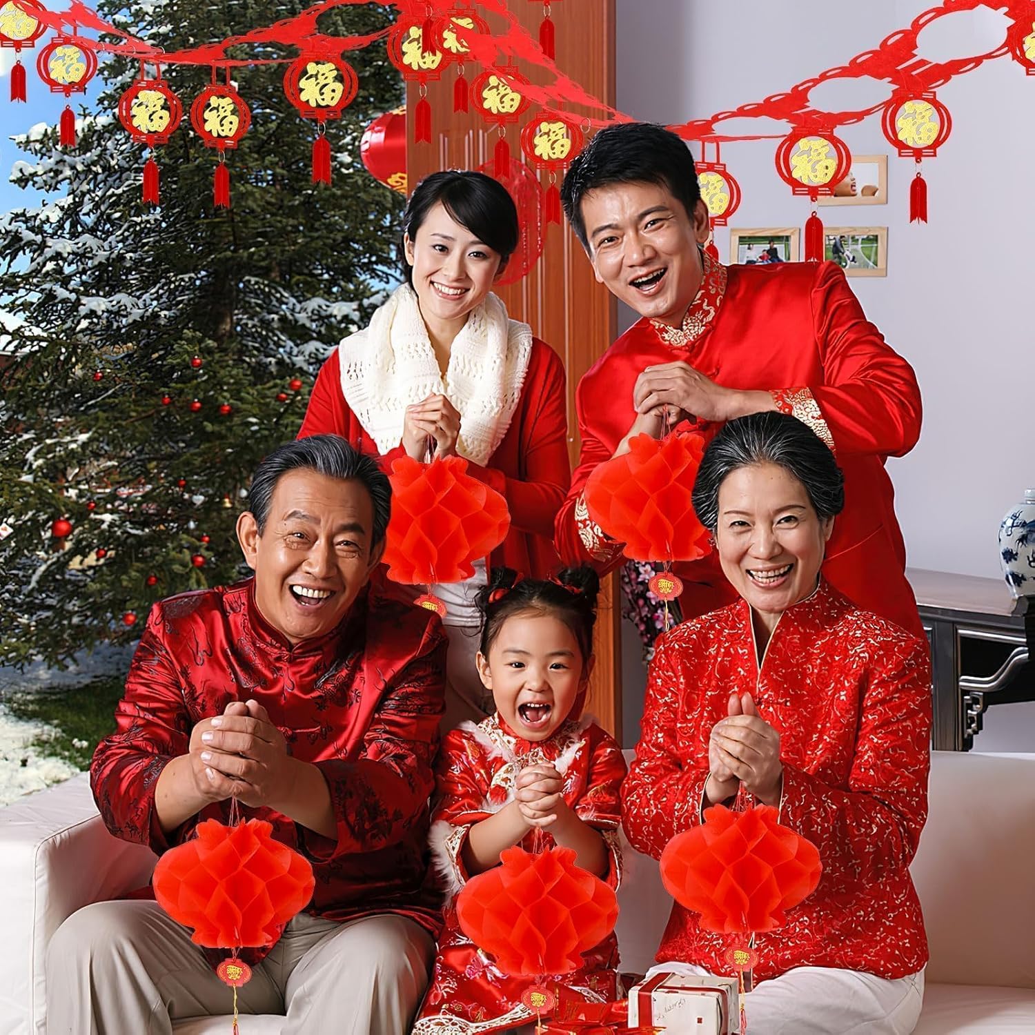 24 Pcs Chinese New Year Garland Decorations Set 4 Gold Lucky Fu Garlands and 20 Chinese Red Paper Lanterns Spring Festival Hanging Ornaments for Lunar New Year Party Wall Decor