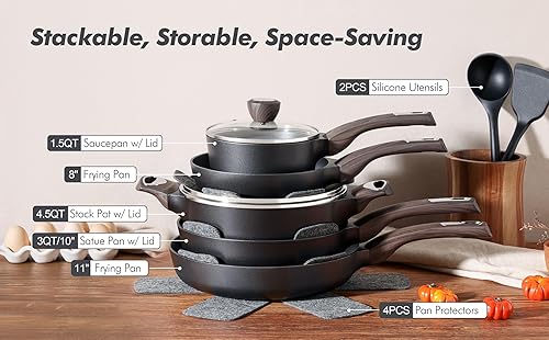 Miniatura 9 de SENSARTE Juego de ollas y sartenes antiadherentes, no tóxicos, juegos de utensilios de cocina de inducción saludable, 14 piezas antiadherentes con