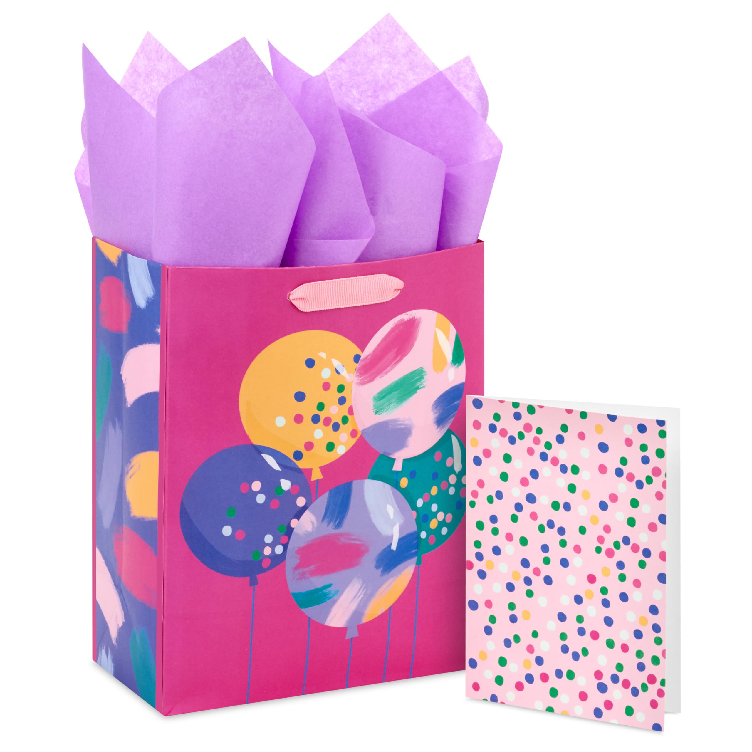 Hallmark 9" Medium Birthday Gift Bag with Tissue Paper and Card (Pink, Yellow and Blue Confetti Balloons) for Mom, Sister, Daughter, Niece