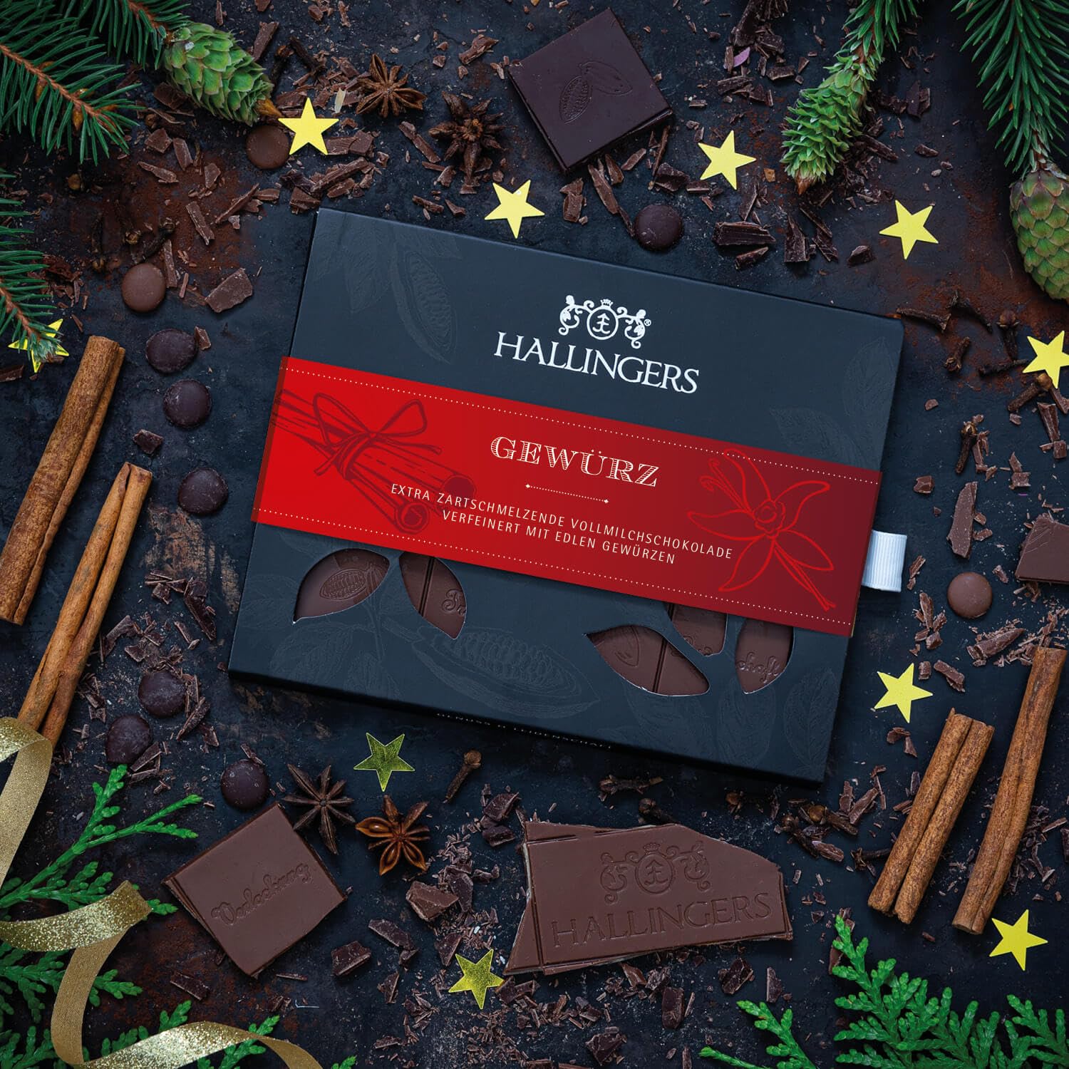 Hallingers Genuss Manufaktur Schokolade Weihnachts-Geschenk - Tafel Edelkakao handgeschöpft ohne Alkohol edler Karton 10x "Gewürz" Xmas-Gewürze, Weihnachten für Frauen Männer