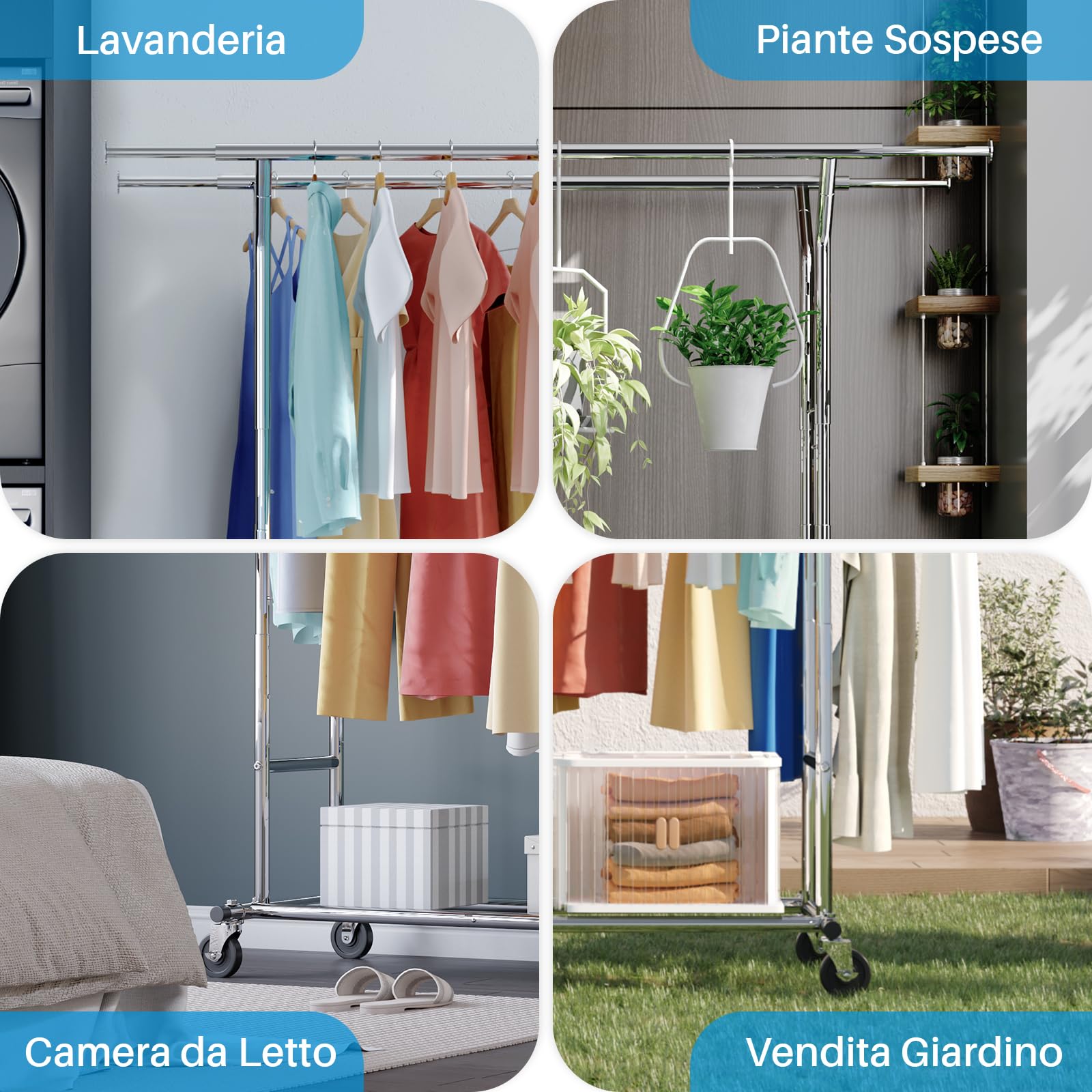 HOKEEPER Appendiabiti doppio resistente, regolabile, pieghevole, con ruote, capacità di carico di 180 kg, per abbigliamento commerciale, finitura cromata