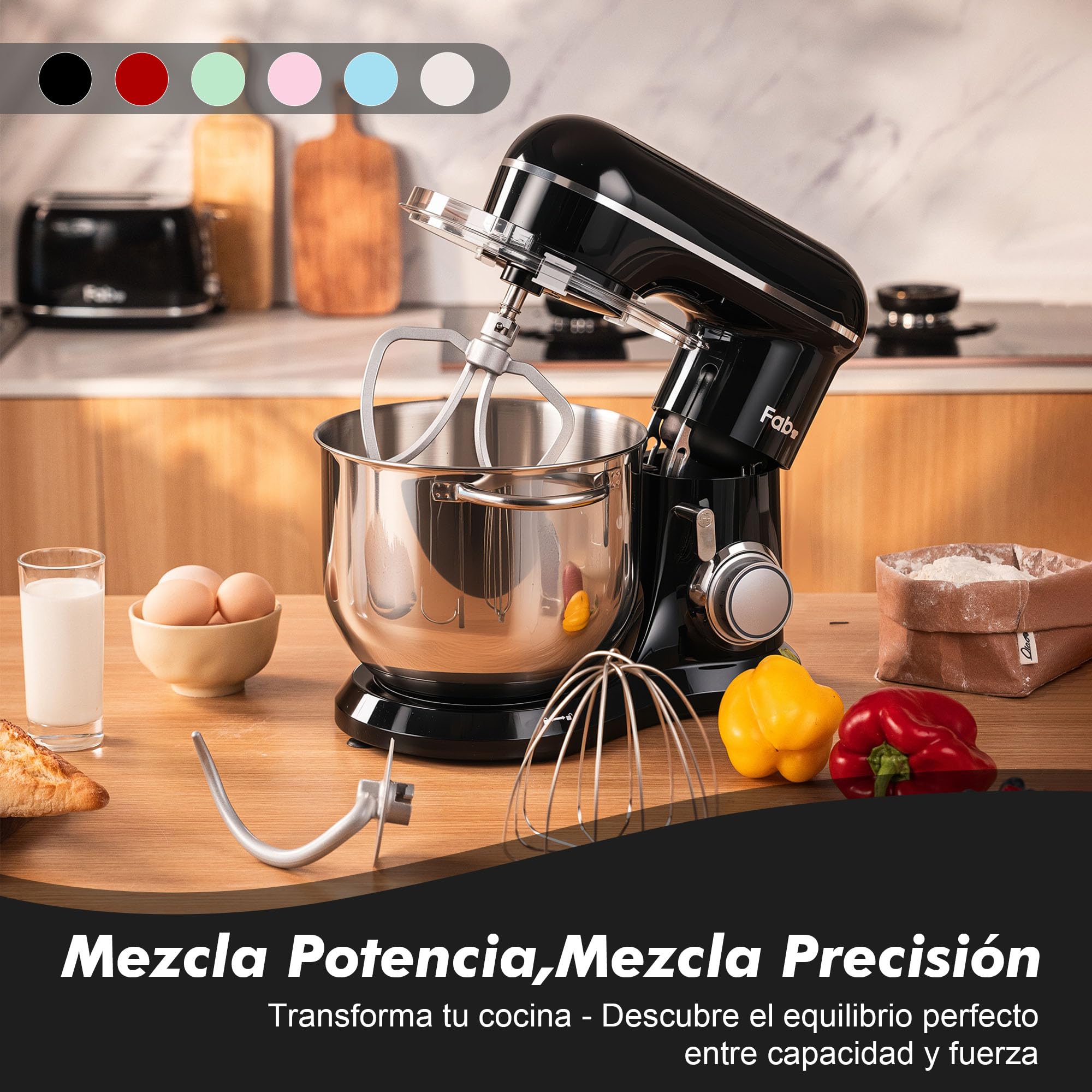 Fab Batidora Amasadora Profesional 8L 2000W, Amasadora de Pan y Repostería, Robot de Cocina Alta Capacidad con 10 Velocidades, Incluye 3 Accesorios, para Uso Intensivo en Hogares,Kitchen in the box