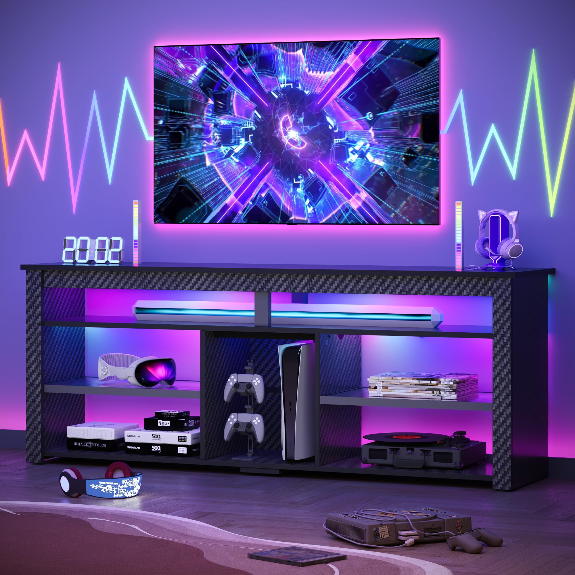 Bestier TV Stand for 70 inch TV, Tall Entertainment Center with 2 Led Lights, Gaming TV Console with Storage for PS5, Modern TV Cabinet for Bedroom, Living Room, Black Carbon Fiber