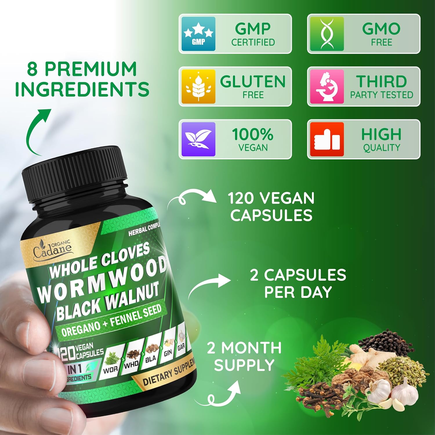 Cadane Wormwood Whole Cloves Black Walnut with Ginger, Garlic, Oregano, Fennel & Black Pepper | Digestive & Wellness Support | 120 Capsules – 60-Day - Image 3