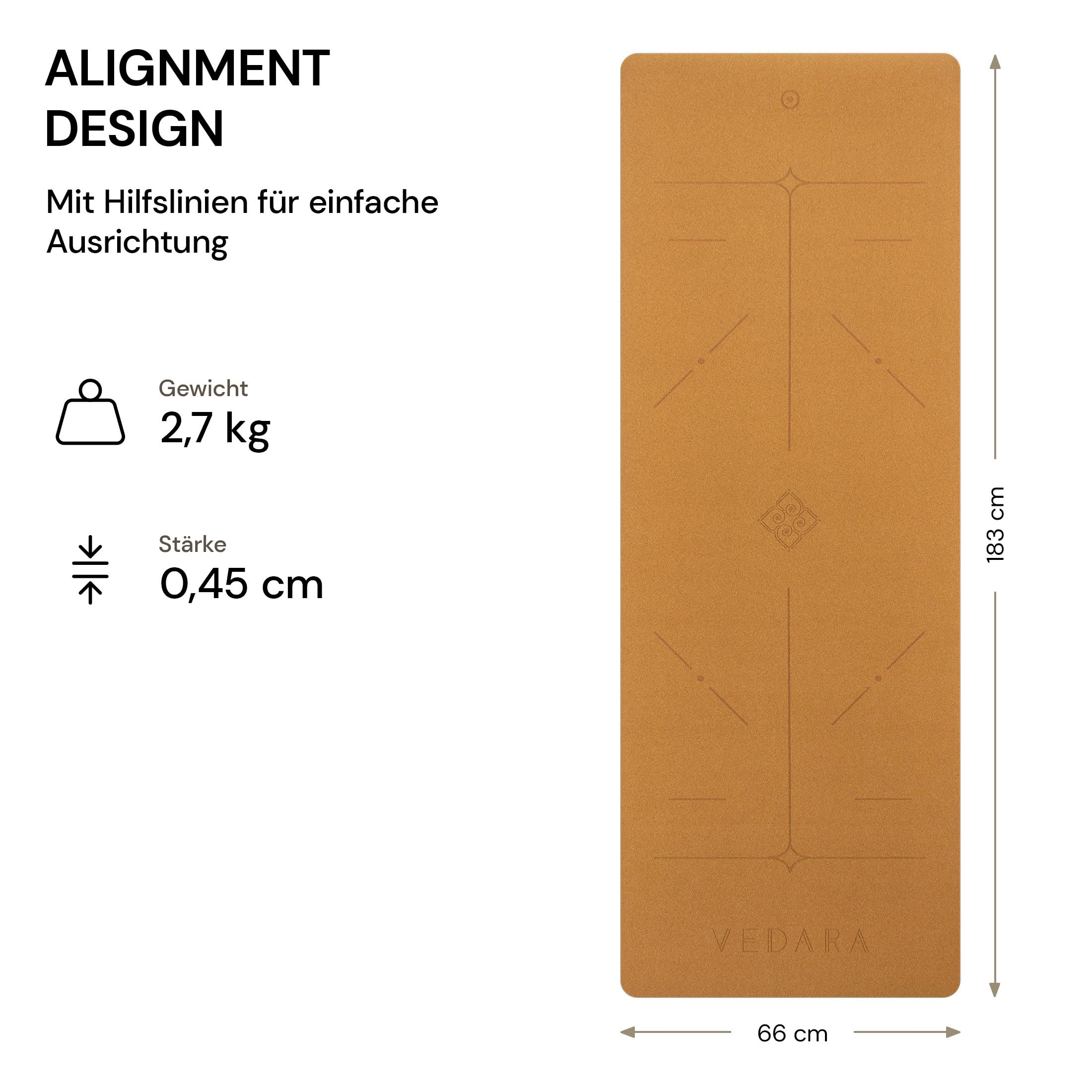 VEDARA® Kork Yogamatte – 66-80 cm breit – Extrem Rutschfeste Oberfläche – Mit Hilfslinien – Aus Kork & Naturkautschuk – Optimale Dämpfung