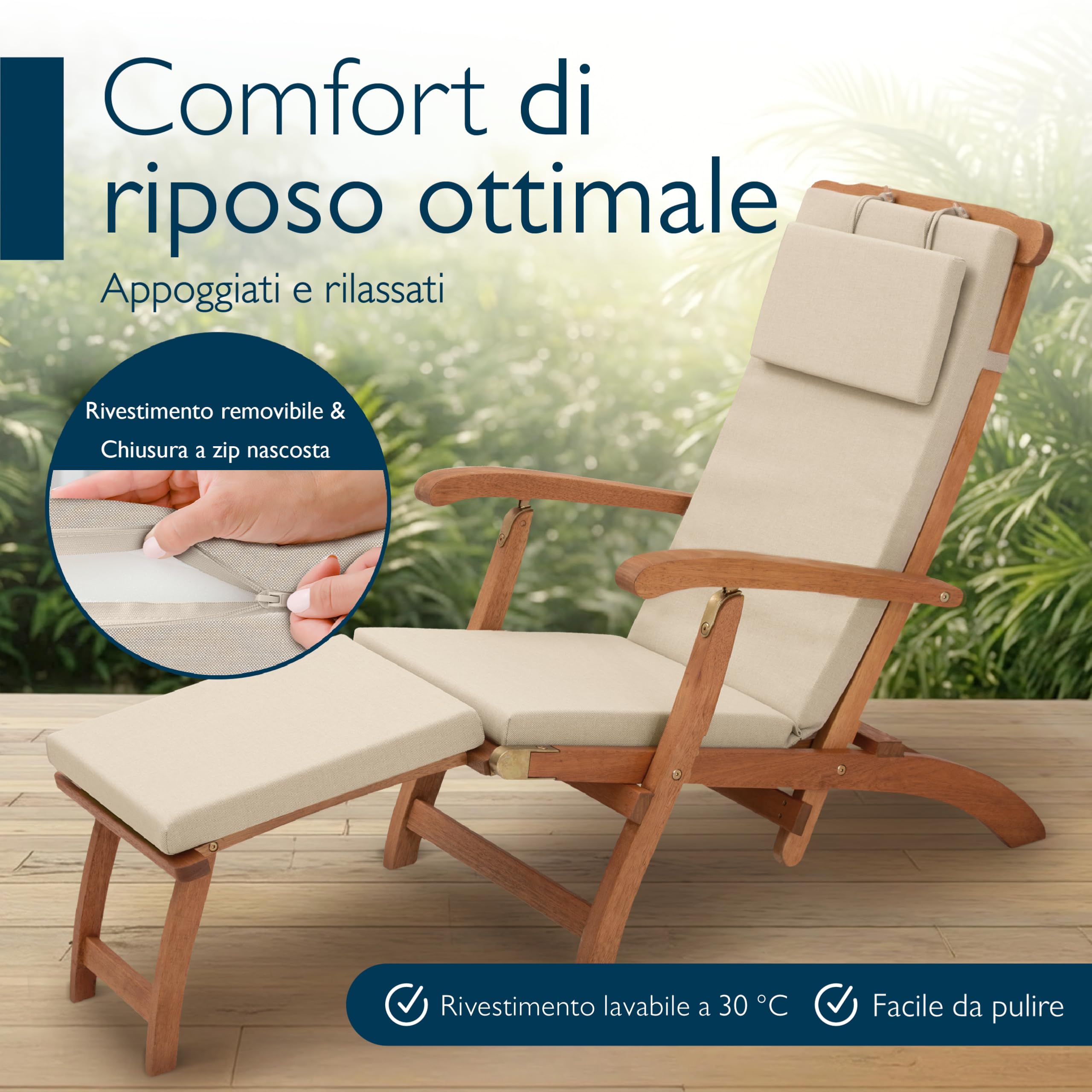 Beautissu Cuscino per sdraio – 175x45 cm imbottitura impermeabile e resistente alle intemperie – Cuscino per lettino ad asciugatura rapida – Cuscino da giardino per esterni – Colore beige
