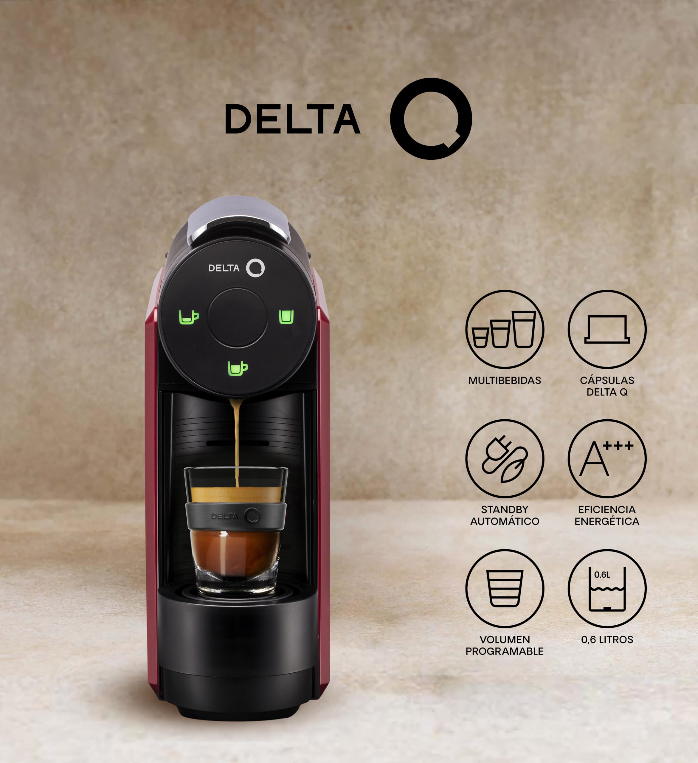 Delta Q - Pack Cafetera con Cápsulas - Mini Qool Roja - Para Cafés, Té y Bebidas Calientes - Sencilla y Práctica - Diseño Elegante - Incluye 8 Blíster x 10 Cápsulas Qharacter (Total 80 Cápsulas)