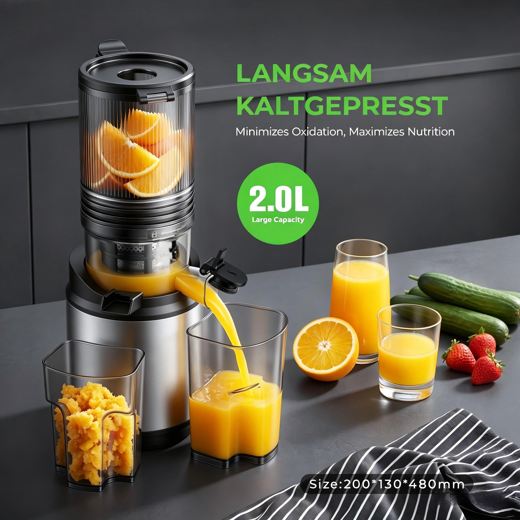 Entsafter Saftpresse mit 130mm Breiter Einfüllschacht 250W Kaltpress Entsafter für Ganze Früchte & Gemüse 2L Slow Juicer mit 2 Gläsern Leicht zu Reinigender BPA-frei Hohe Saftausbeute Entsafter