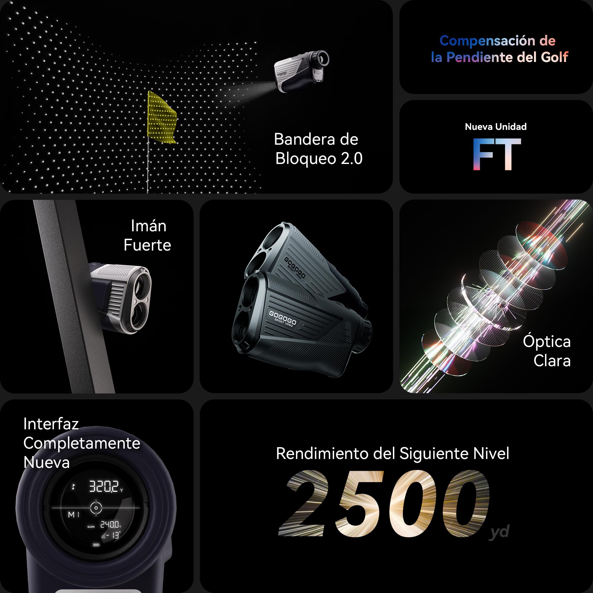 Gogogo Sport Vpro Telémetro Laser Golf Caza 1372/2285 M/Yardas/Feet, Recargable Medidor Laser Magnético Precisión ±0.5yd, Modos para Pendiente Off/ON, Vibración de Bloqueo de Bandera, Escaneo