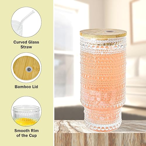 Miniatura 4 de Juego de 2 vasos de 16 onzas con tapas de bambú, cepillo para pajitas, juego de cristalería para jugo, café helado, cerveza y whisky de cóctel (2
