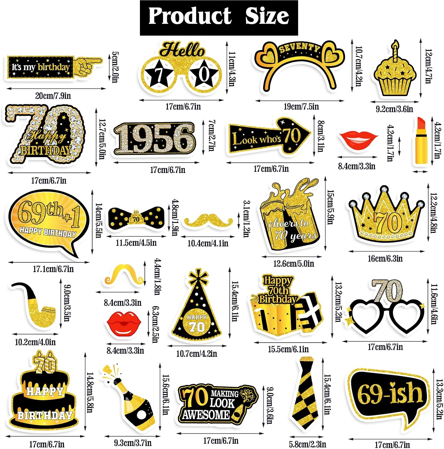 70th Birthday Photo Booth Props for Women & Men, Black Gold Adult 70th Birthday Photo Booth Props, Cheers to Seventy Birthday Photo Props Decor, Funny Seventy Birthday Party Supplies