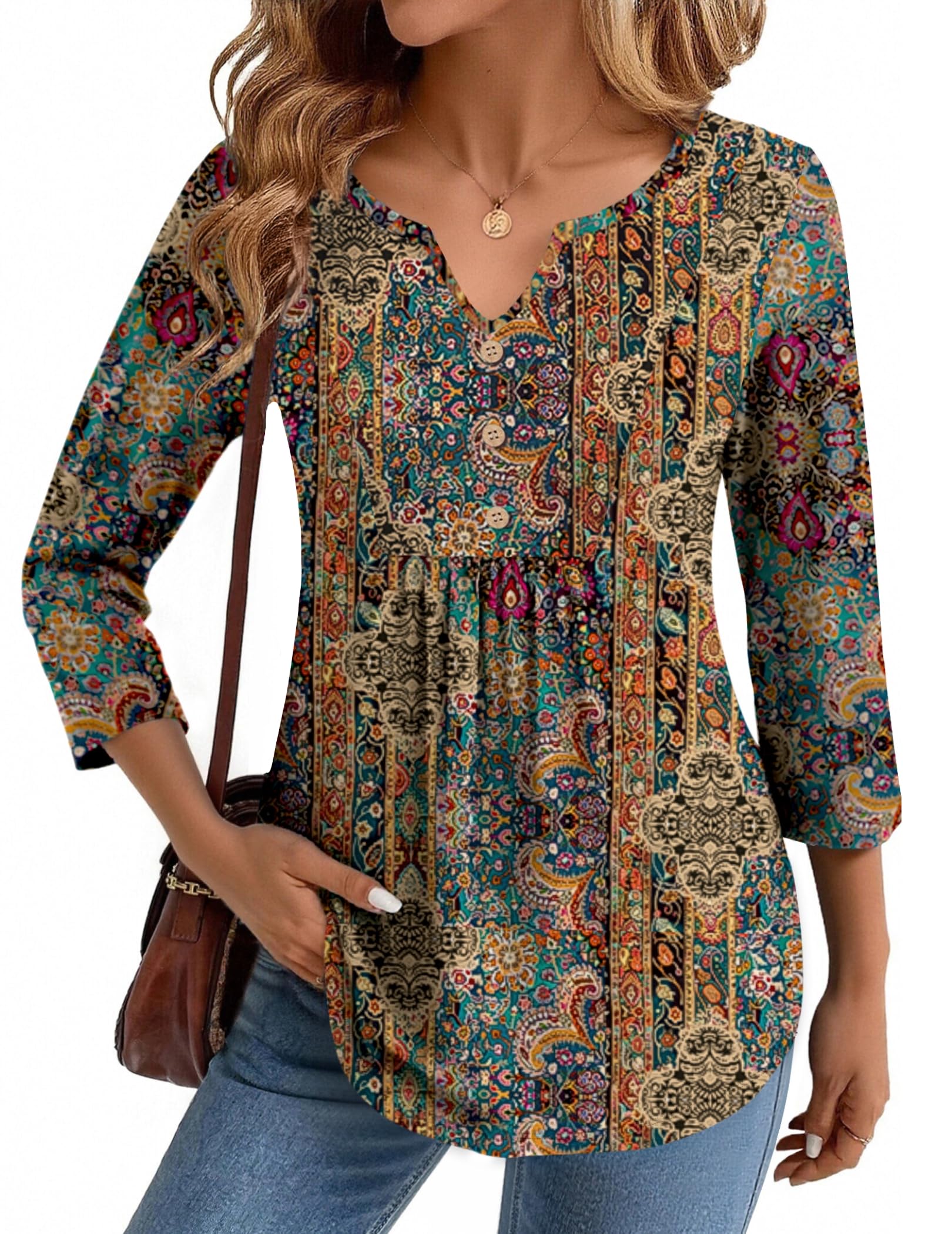 Zeagoo Womens 3/4 Length Sleeve Tops V Neck Dressy Casual T Shirts Pleated Business Work Blouses Basic Tees S-3XL