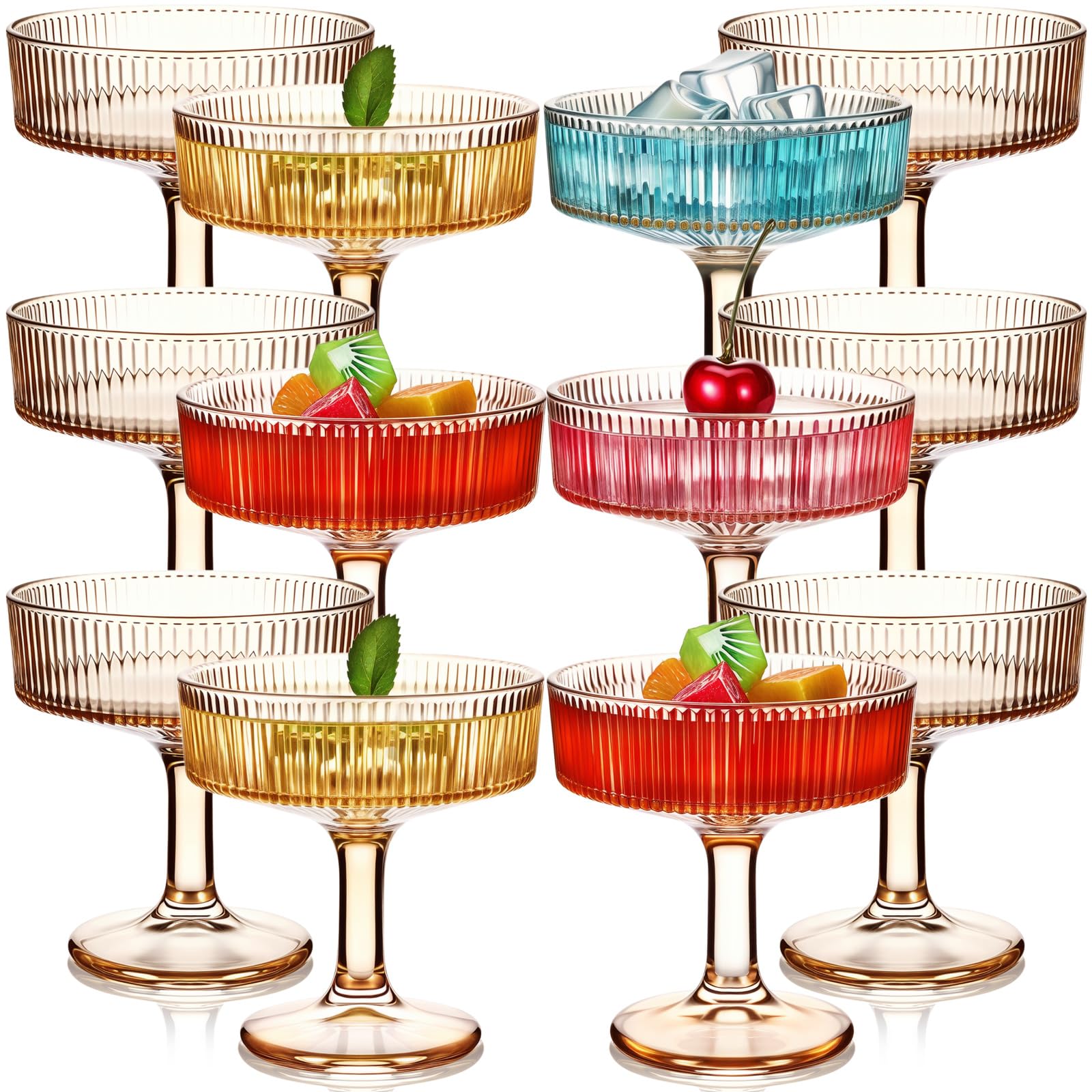 Teenyyou 12 copas acanaladas vintage de 7 onzas, copas de martini, copas de champán, copas de cóctel clásicas, cristalería acanalada reutilizable para champán, cóctel, martini, estilo europeo (rosa