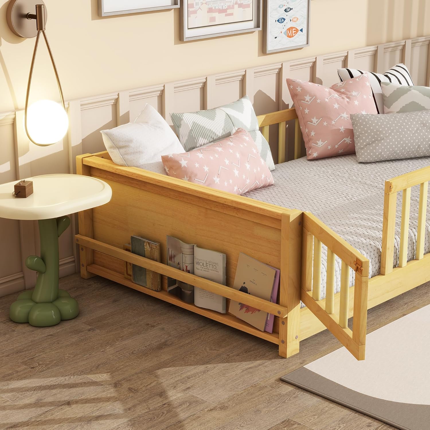 Bellemave Twin Size Floor Bed with Door for Kids Montessori Bed Frame with Fence Railings & Built-in Book Rack & Support Slats, Wooden Playhouse Beds for Boys Girls, No Box Spring Needed, Natural