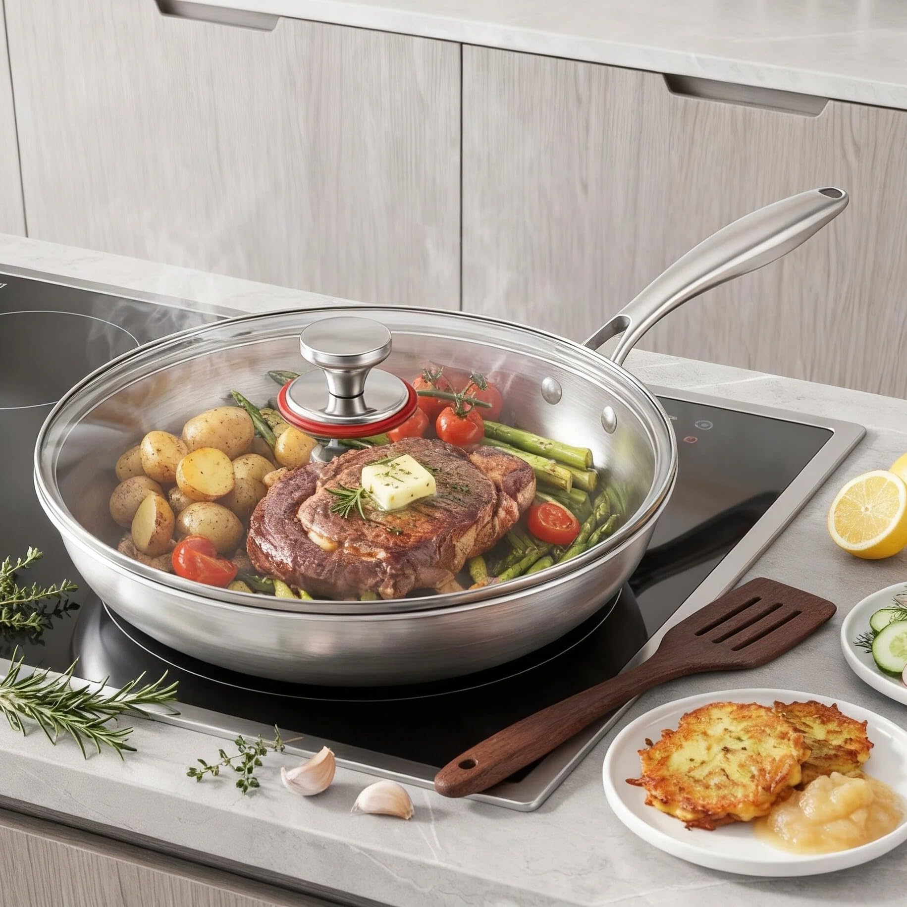 Poêle en Titane 30cm avec Couvercle, Spatules, Revêtement Antiadhésif