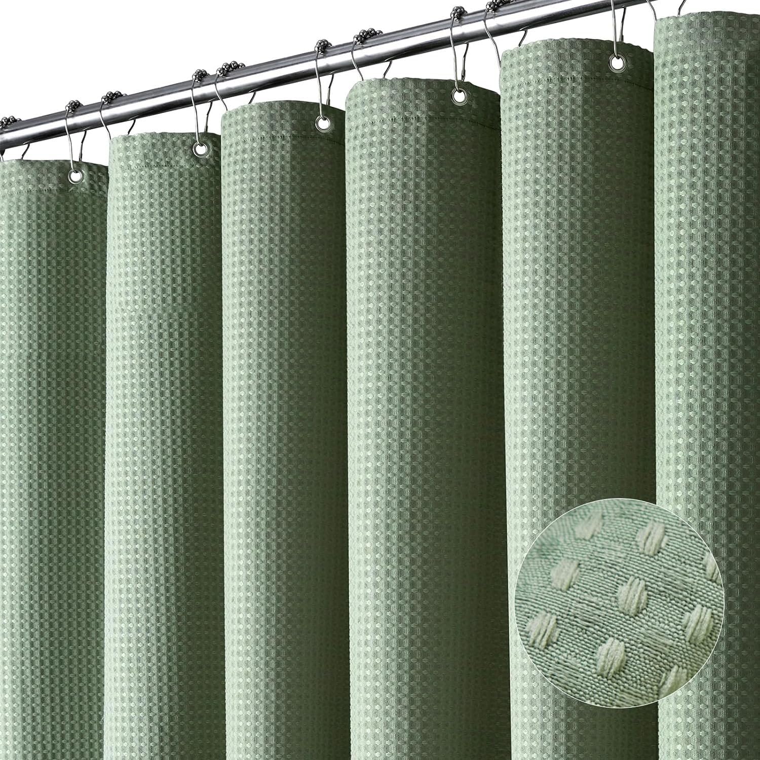 Wekayli Sage Green Shower Curtain - Waffle Textured Heavy Duty Thick Fabric Shower Curtains for Bathroom, with Grommets and 12 Stainless Steel Hooks
