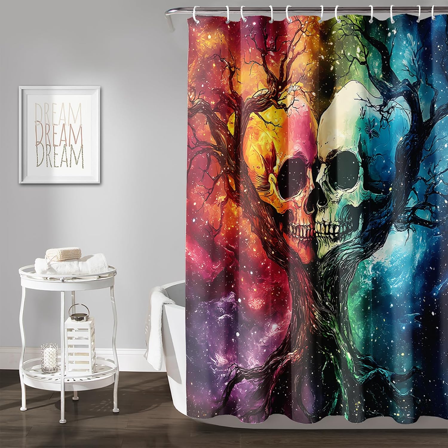 AILONEN Skull Shower Curtain,Red Green Tree of Life Gothic Bath Curtain + Plastic Hooks,Exotic Boho Skeleton Bathroom Decor,Waterproof, 60" W x 72" H