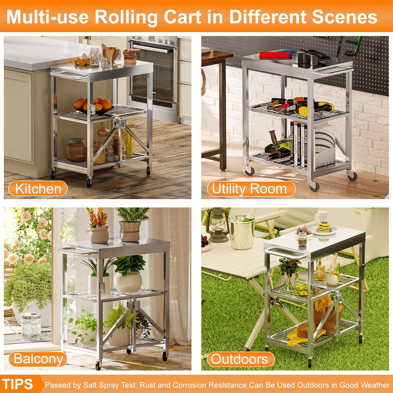 Stainless Steel Foldable Rolling Kitchen Cart with 3-Tier Shelves, 300LB Capacity, Wheels & Foldable Design, Top Worktable for Food Prep, Ideal for Kitchen, Restaurant, Warehouse, Outdoor & Hotel Use