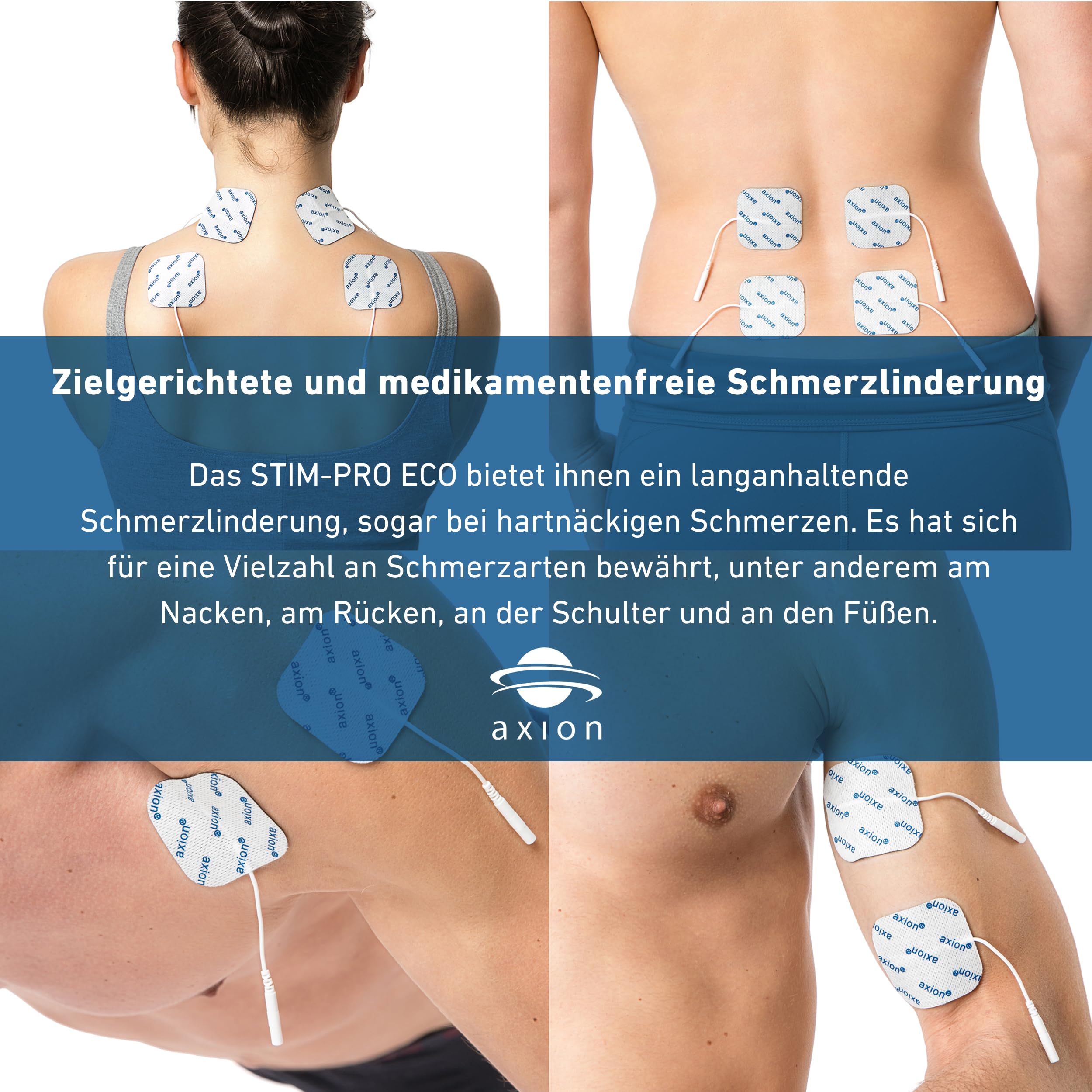 axion® TENS-Gerät zur Schmerztherapie STIM-PRO ECO - Medizinprodukt | Manuell einstellbares TENS-Gerät zur gezielten Reizstrom-Schmerztherapie mit 4 5x5cm Elektroden Pads & (9V Einwegbatterie)
