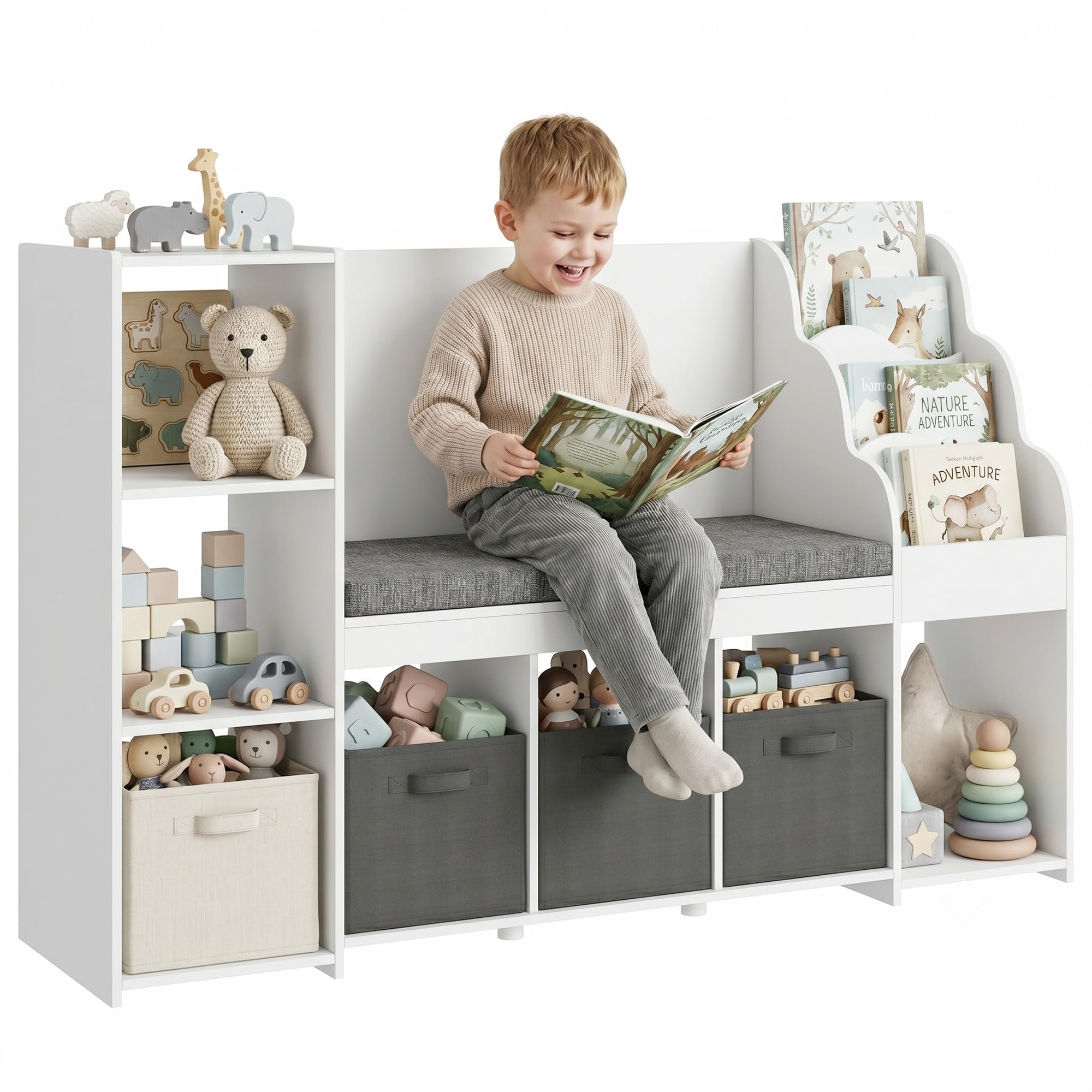 AIYAPLAY Scaffale Portagiochi Bambini, Libreria Montessoriana per Bambini in Legno 3-8 Anni con Libreria a 3 Livelli, 3 Cassetti in Tessuto, 4 Scomparti, Cuscino, per Cameretta, 137x40x80cm, Bianco