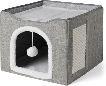Amazon Basics Cat Beds with 1-Floor Cat House for Indoor Cats, Cat Cube with Hanging Toy Ball and Scratcher, Foldable Cat Cave, 42 x 42 x 33 cm, Grey