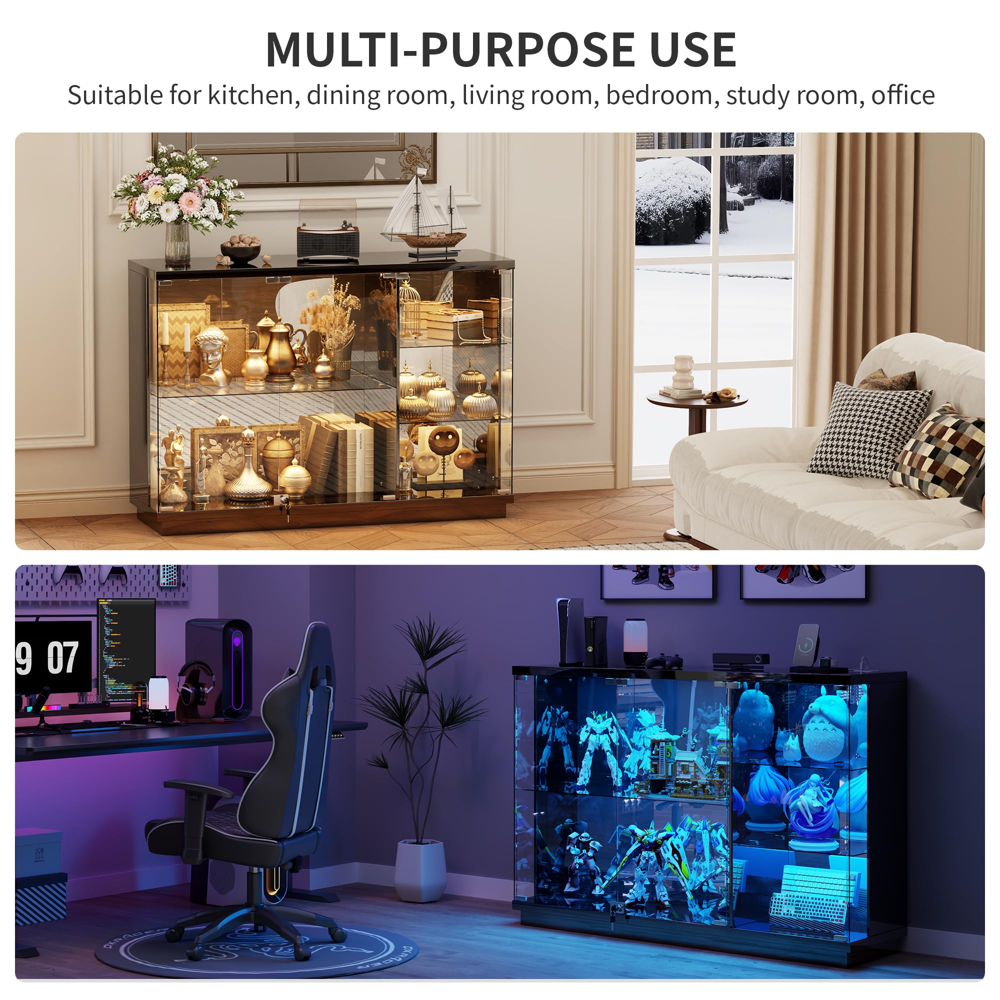 Guerxl Vitrina con Iluminación LED Y Función de Carga para Salón,120 CM Largo Vitrinas de Crista con Sensores Inteligentes Y Estantes de Vidrio Extraíbles para Oficina Personal,Coleccionables,Negro