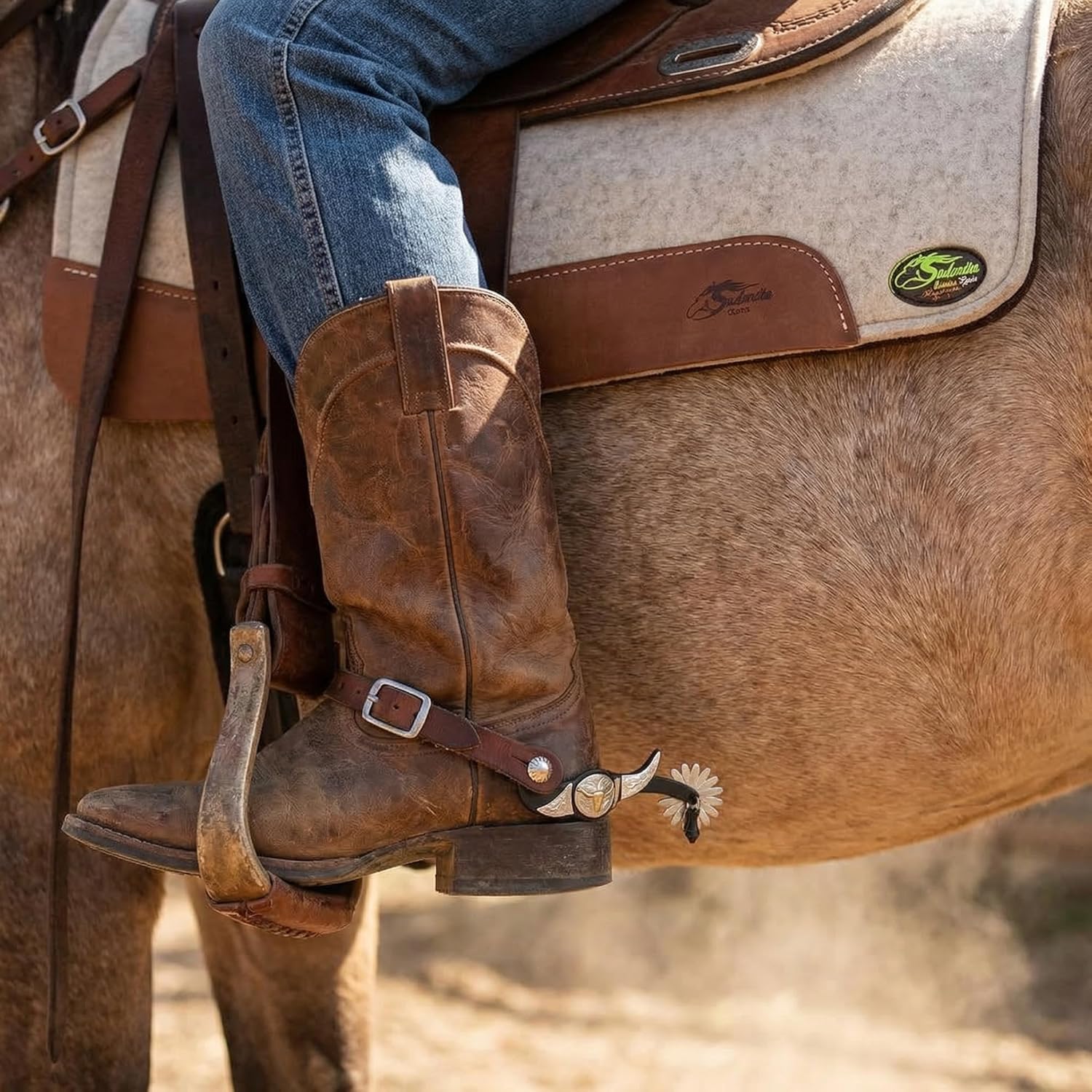Southwestern Equine Western American Cowboy Texas Longhorn 16pt Jingle Bob Spurs and Leather Basket Weave Spur Straps (Black SteerheadJinglebob Spur)