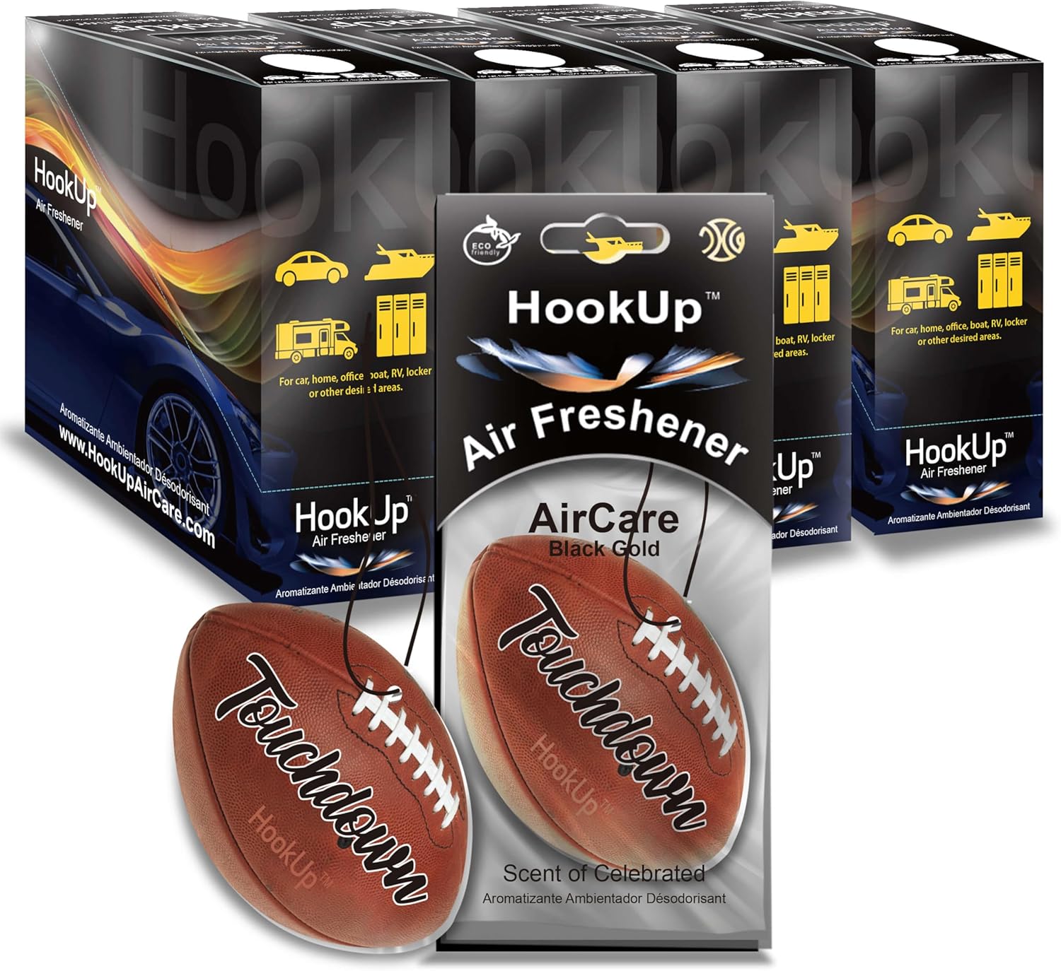 Football Car Air Freshener by HookUp - 100 Pack - Black Gold Scent (Extra Strong) | Unique Football Gift for Players, Coach, Fans | Hanging Car Accessory with Long Lasting Fresheners Smell