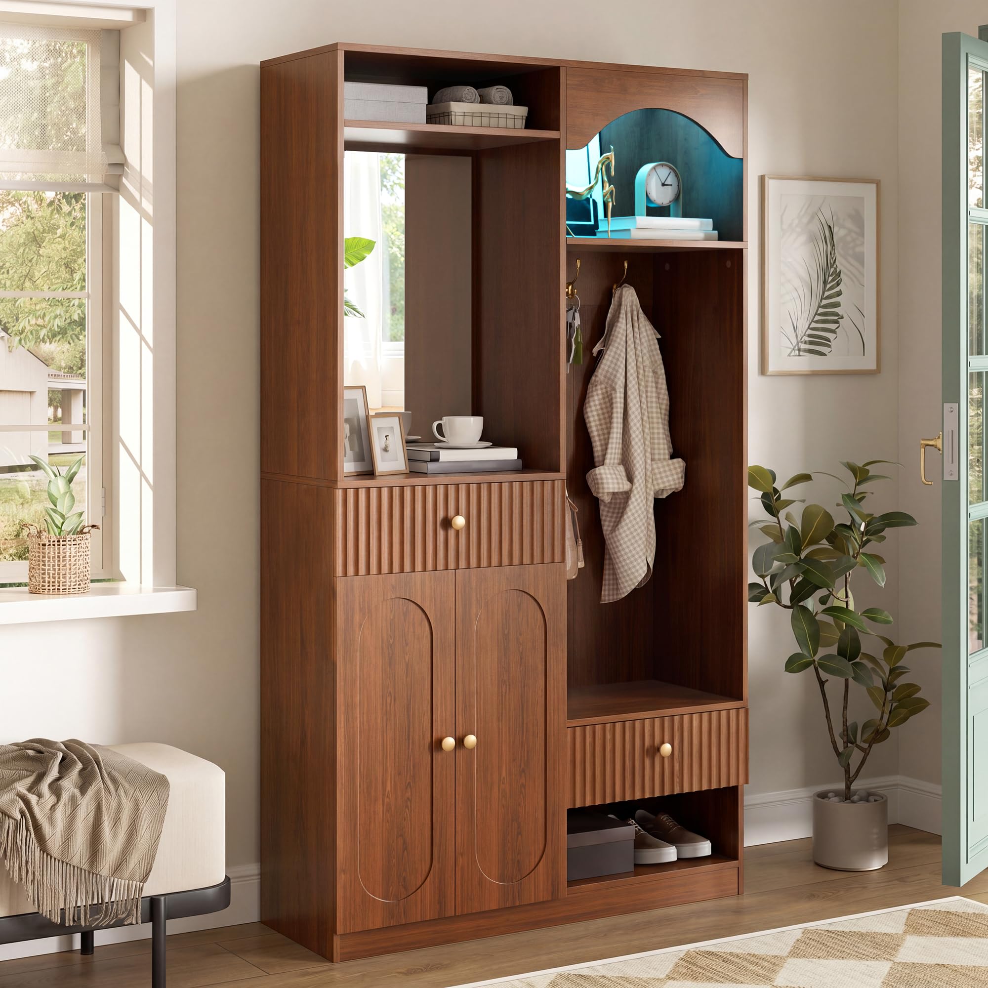 Garderobenset Wandgarderobe mit LED, Flurgarderobe Set mit Schuhschrank und Spiegel, Garderoben Set mit Türen und Kleiderhaken, Flurmöbel Set Kompaktgarderobe mit Regal, 100x35x180cm (Walnut)