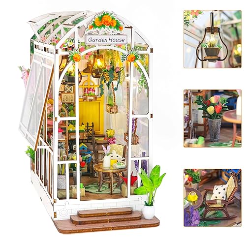 HIGSPE Book Nook DIY Kit, Casa de Muñecas en Miniaturas Maquetas de Madera con Muebles y Luces LED, Jardín Decoración de Inserción de Estantería Creativa, Regalo para Niño Adultos - Jardín