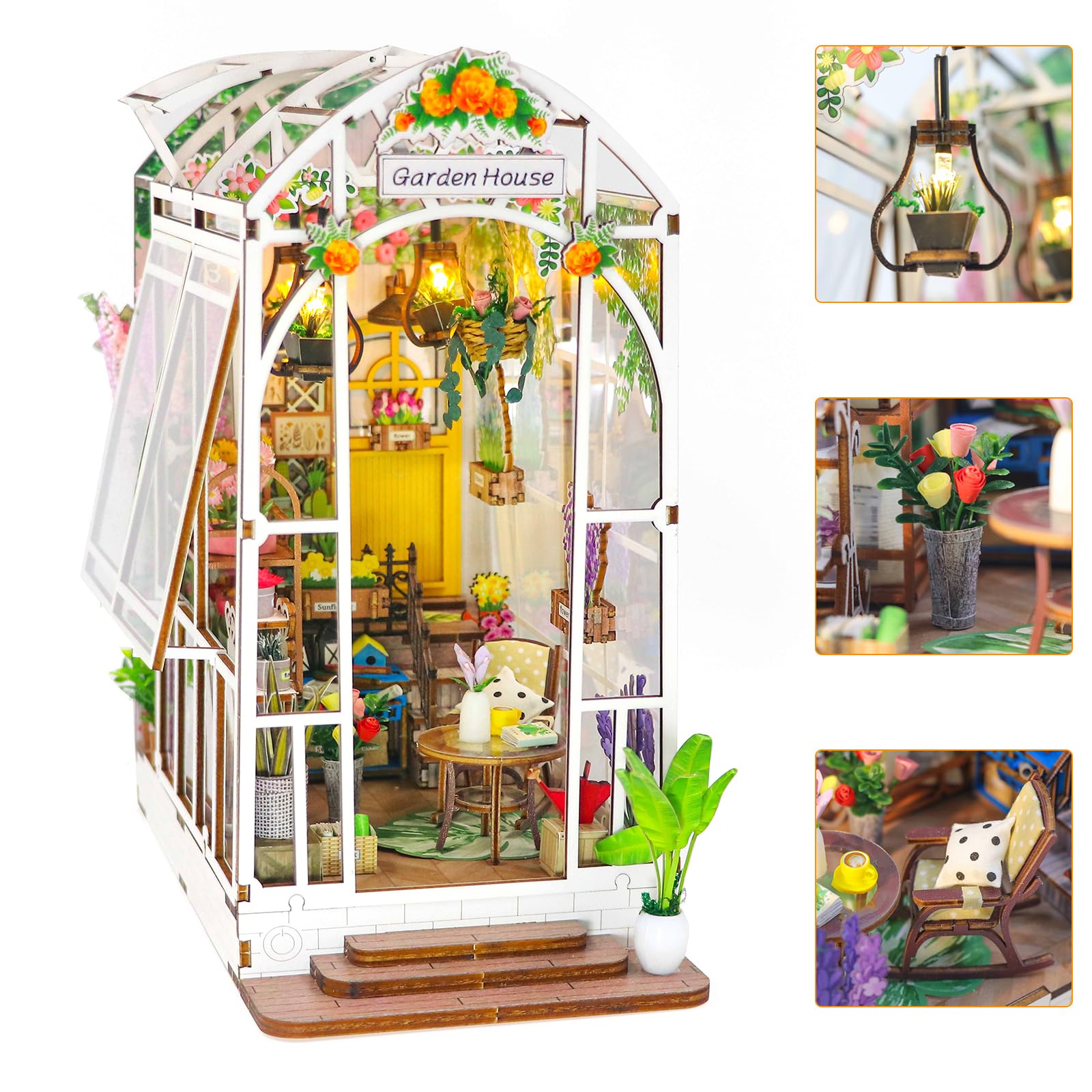 HIGSPE Book Nook DIY Kit, Casa de Muñecas en Miniaturas Maquetas de Madera con Muebles y Luces LED, Jardín Decoración de Inserción de Estantería Creativa, Regalo para Niño Adultos