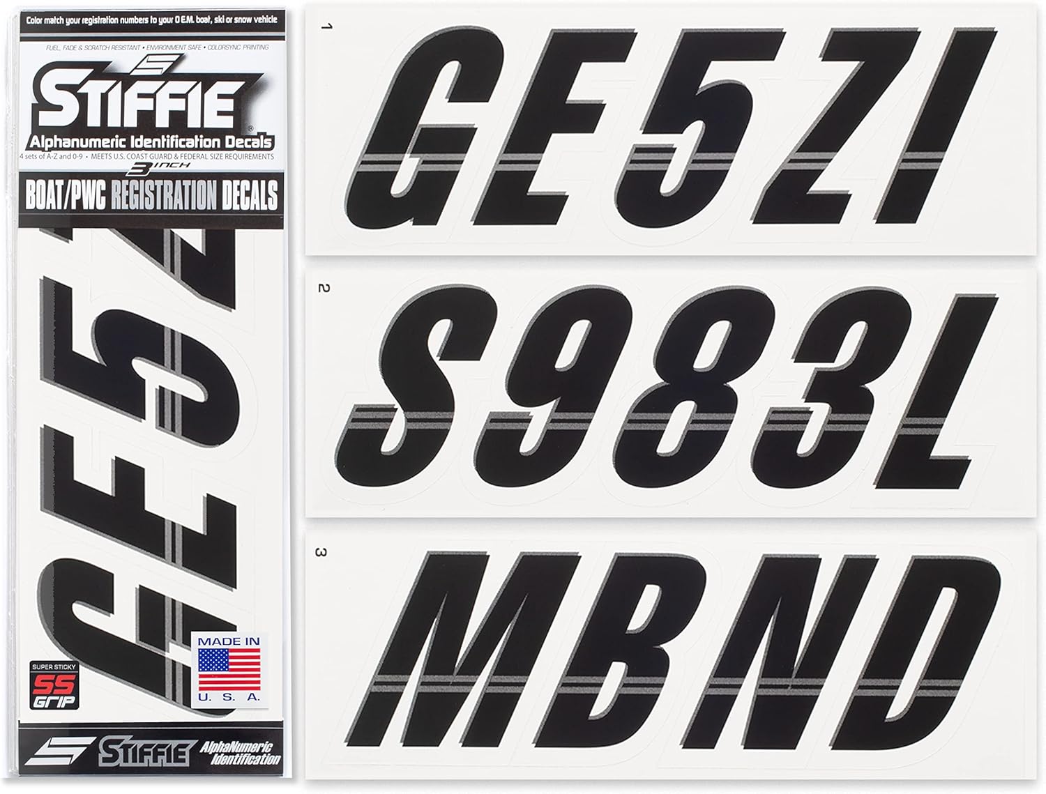 STIFFIE Techtron Metallic Black/White 3” Super Sticky Boat & PWC Registration Decals • Numbers Letters Stickers