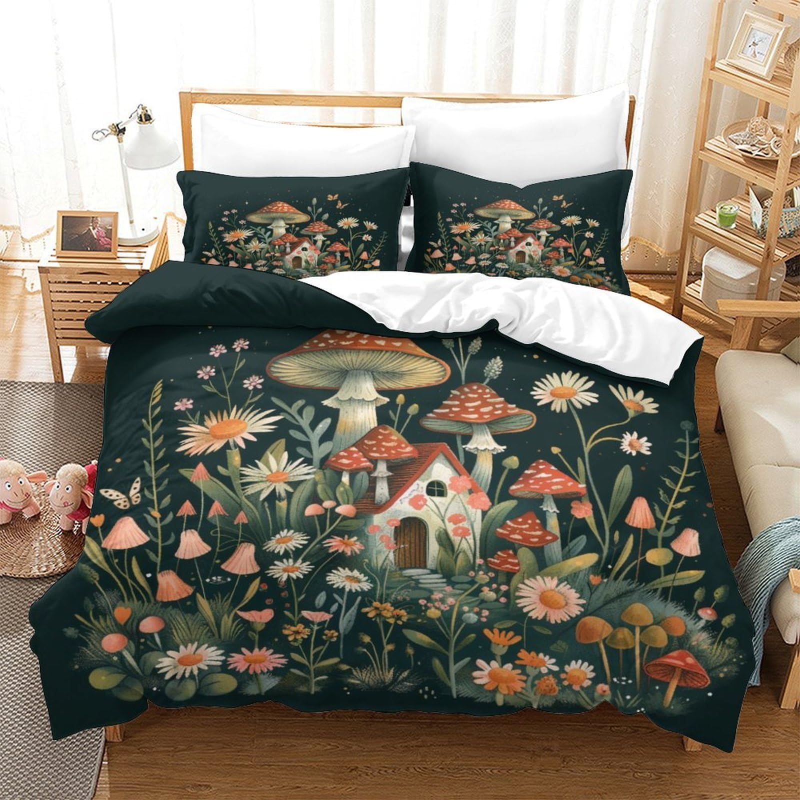 P1S9U7W5Y Enchanted Mushroom 3D Printed Duvet Cover Set 3pcs Microfiber Forest Bedding Set SuperKing