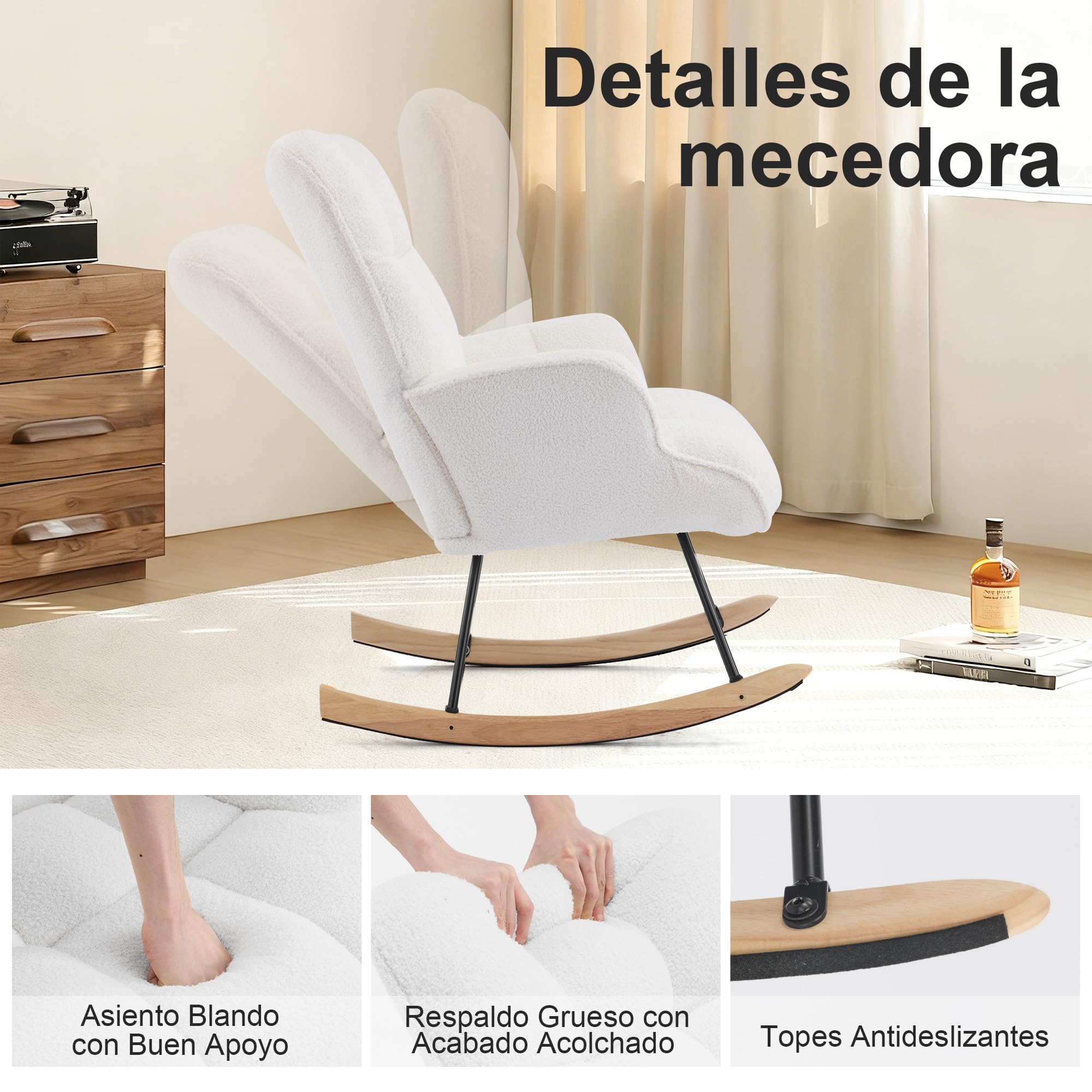 Silla Mecedora para Lactancia, Sillón Balancín Teddy Tapizado en Peluche Suave con Base de Madera Silla de Relax Cómoda con Brazos para Sala, Dormitorio y Habitación Infantil Blanca