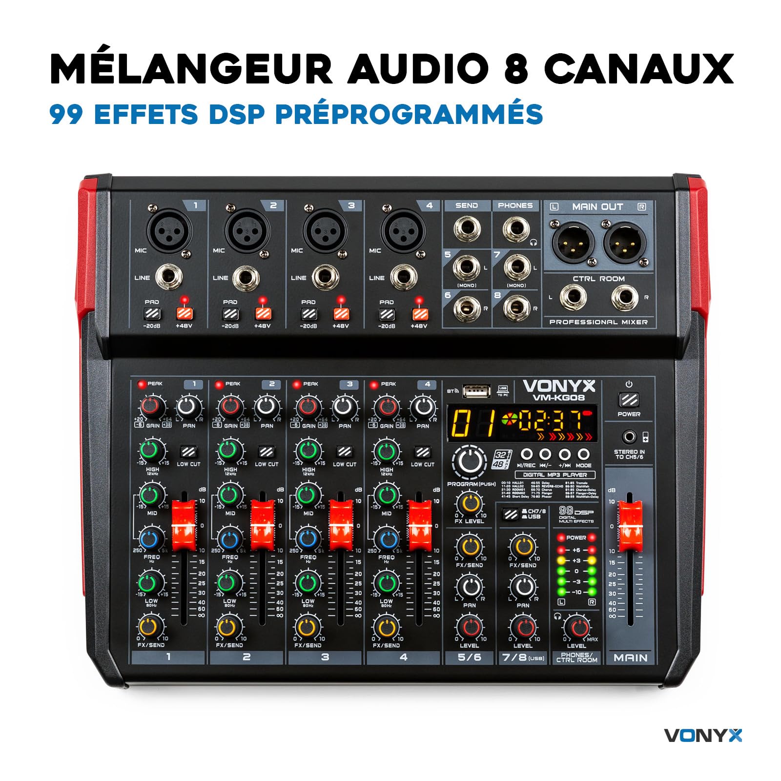 Vonyx VM-KG08 Console de Mixage 8 Canaux - Avec Bluetooth, Lecteur MP3, Interface Audio USB, Processeur de Son, Alimentation Fantôme, Écran LED, Idéal pour les Bars, Petite Salles de Concerts