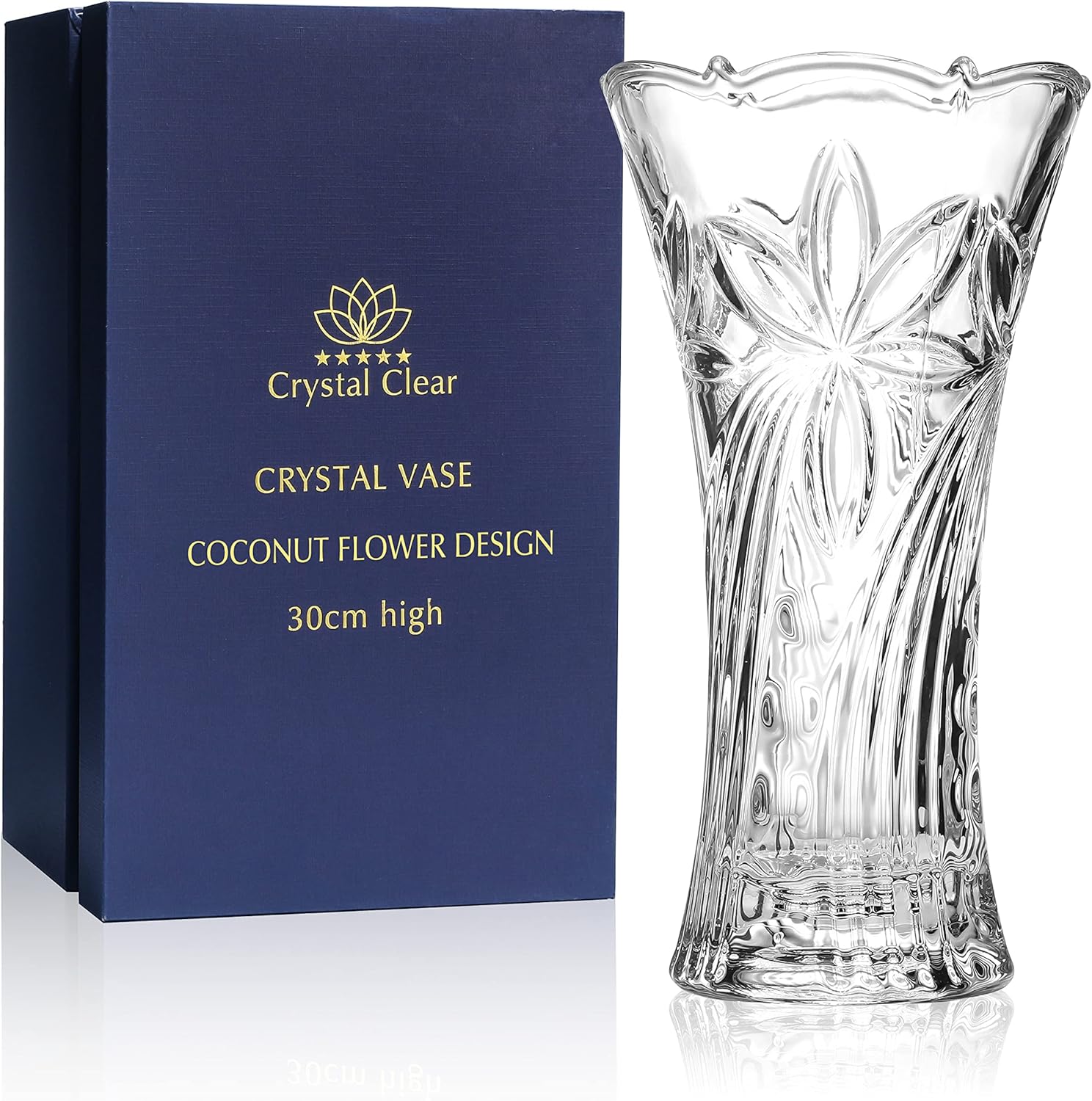 Crystal Clear Crystal Vase, 12inch high, for Flowers & Decor, Coconut Flower Design