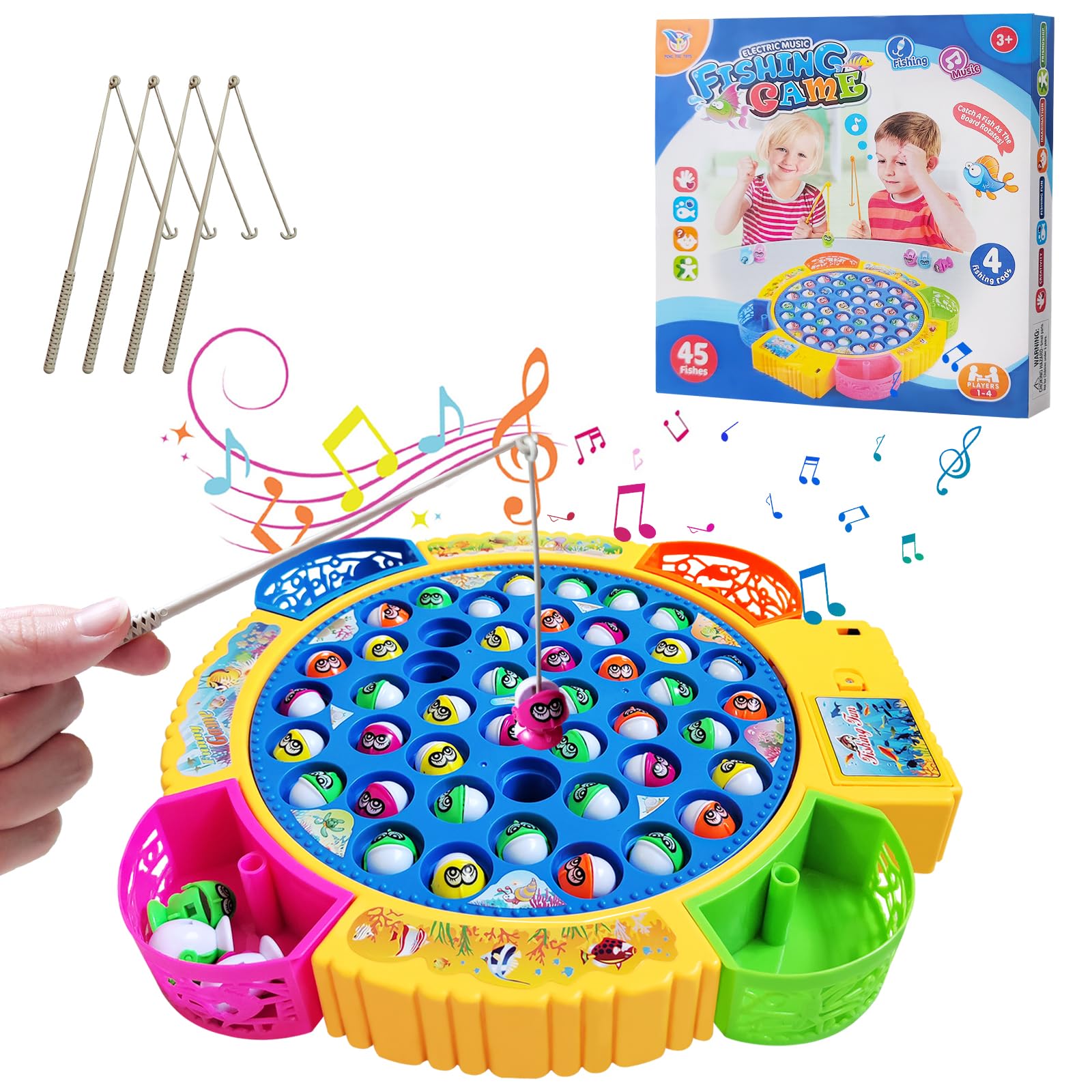 Gioco Musicale di Pesca con 45 Pesciolini e 4 Canna, Magnetico Giocattolo Educativo e Stimolante - Regali per Bambini e Bambine di 2 3 4 5 6 Anni