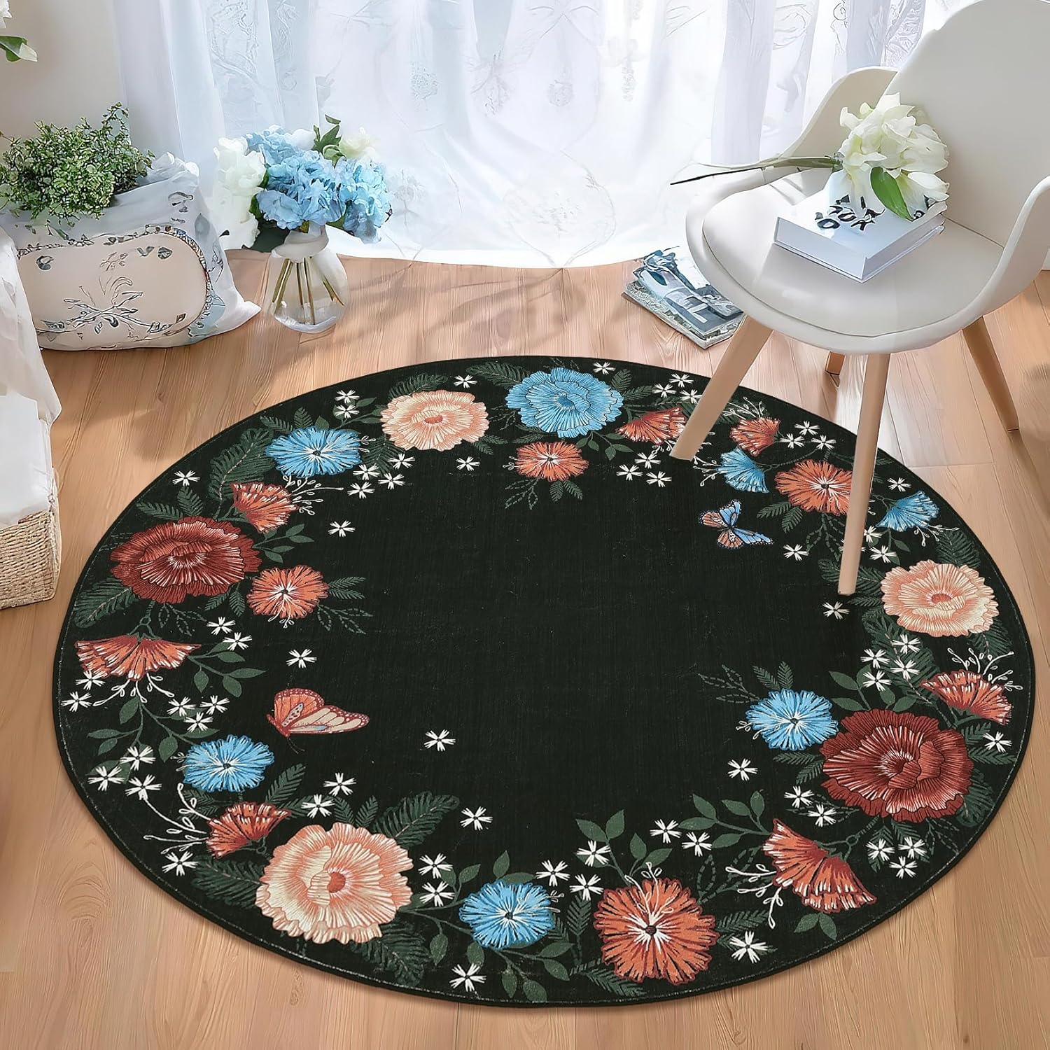GAOMON Floral Washable Round Rugs 4ft Non-Slip Soft Circle Rug Ultra-Thin Small Circle Carpet Non-Shedding Modern Circular Rugs for Entryway Kitchen Bedroom Nursery Bathroom, Black