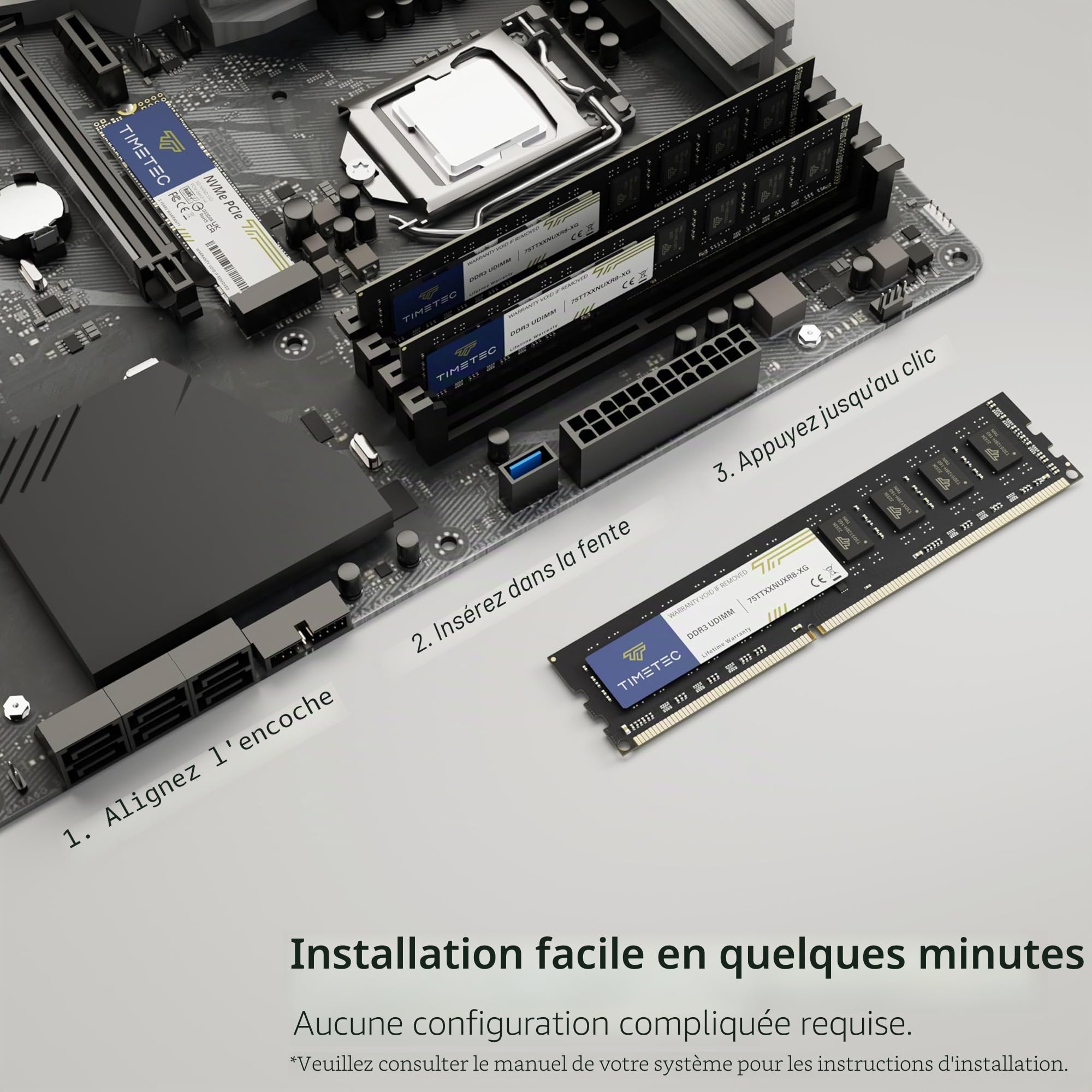 Timetec 8 Go DDR3L/DDR3 1600MHz PC3L-12800/PC3-12800 (PC3-12800U) Non-ECC sans Tampon 1.35V/1.5V CL11 2Rx8 Double Rang 240 Broches UDIMM Ordinateur de Bureau mémoire RAM Module Mise à Niveau
