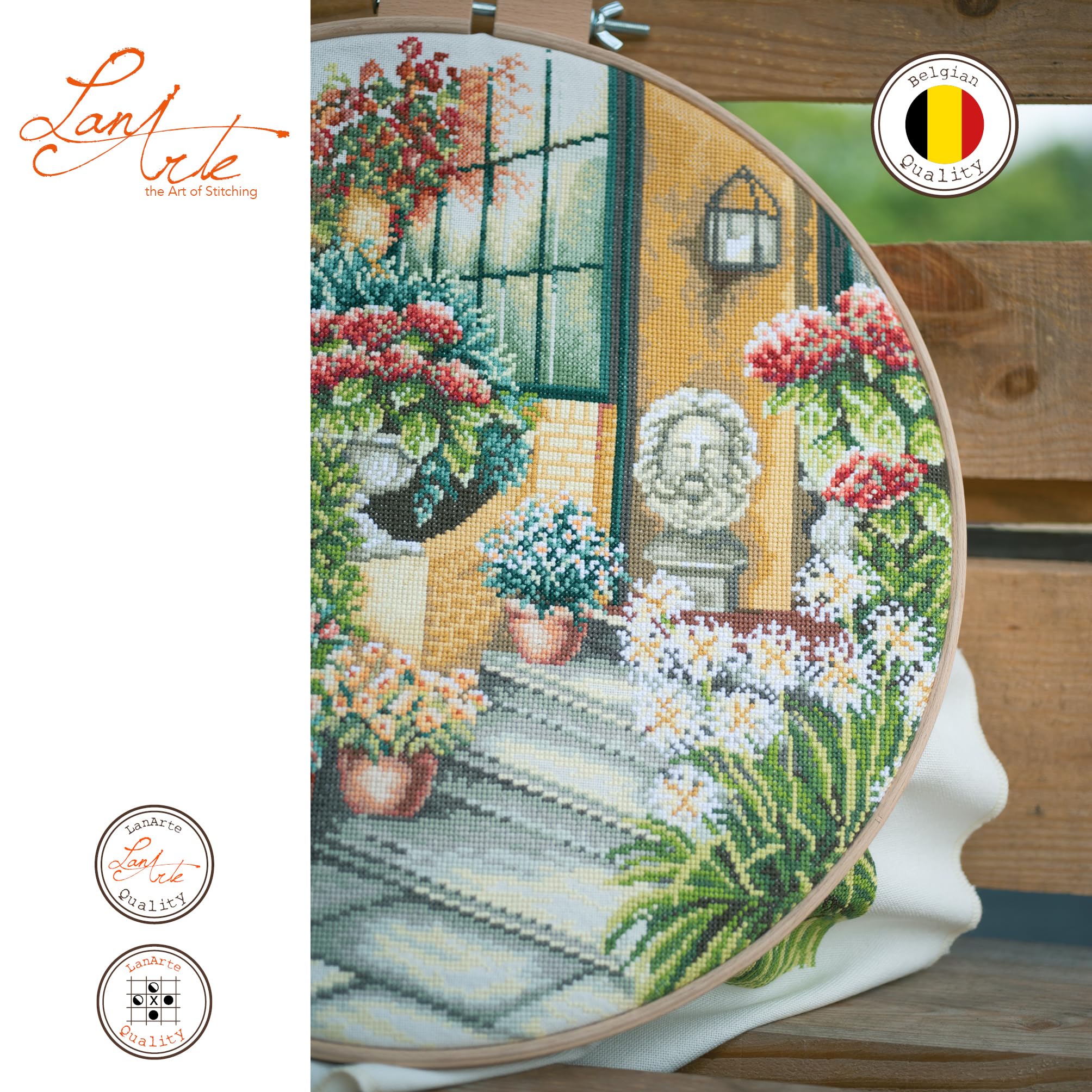 LANARTE Haft Krzyżykowy Liczony Zestaw Obraz do Haftu TARAS W JESIENNYM ROZKWICIE Zrób to Sam Zestaw Kreatywny dla Dorosłych Rękodzieło Artystyczne 40 x 40 cm Dekoracja Ścienna DIY Cross Stitch Kit