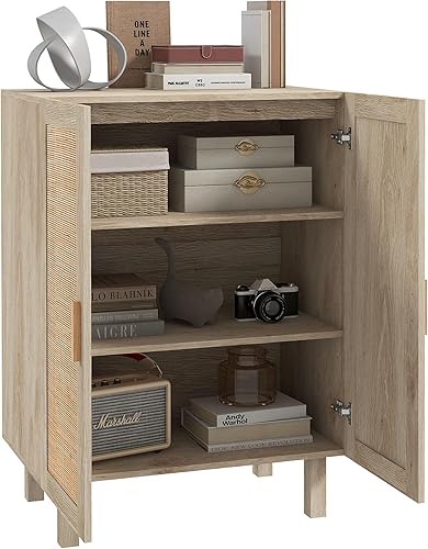 HOMCOM Aparador de buffet, armario de cocina, gabinete de barra de café con 2 puertas de ratán y estantes ajustables, natural