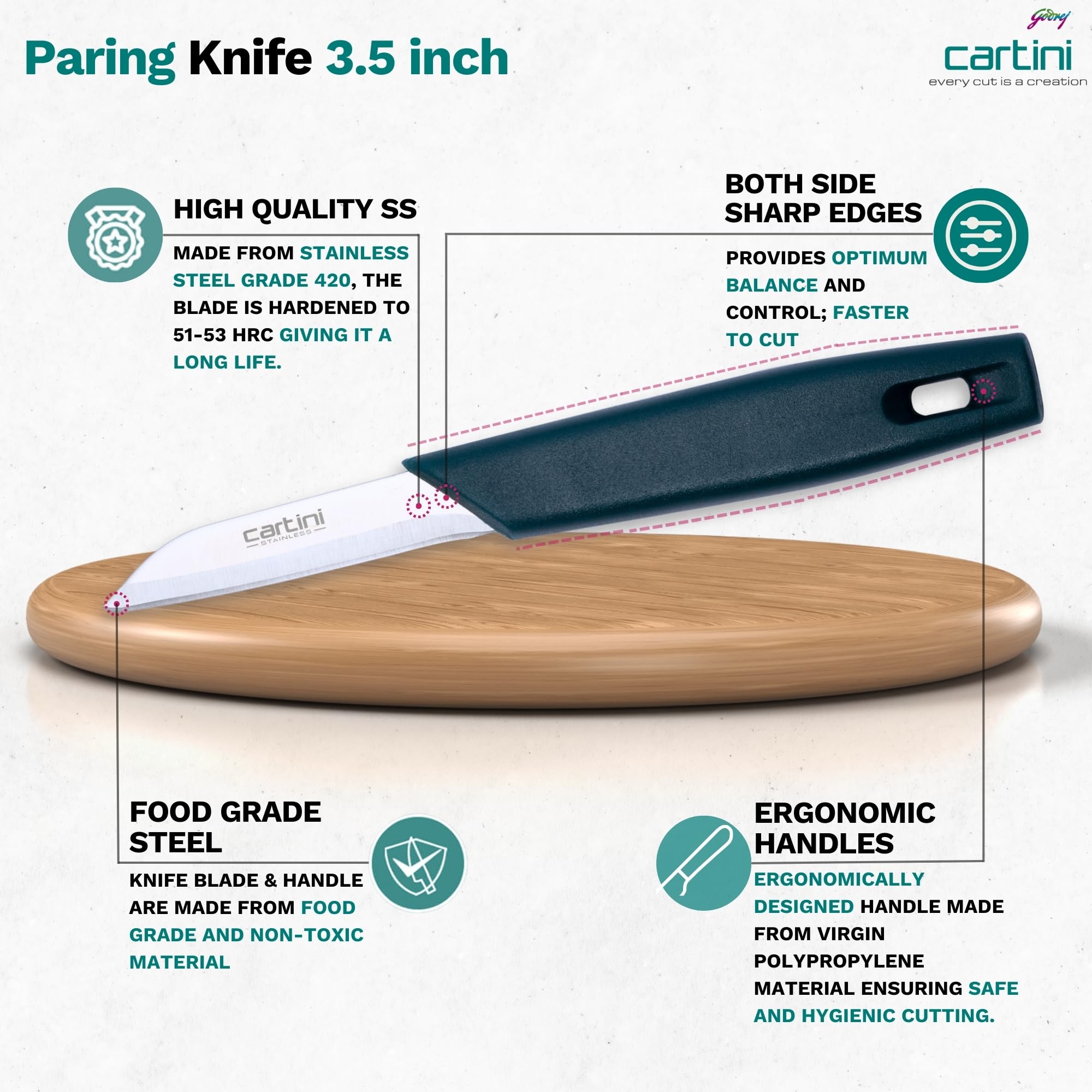Godrej Locks Cartini Creative Kitchen Knifes .American Iron and Steel,Teal, 3 Pc Set + Free Knife Holder, Stainless Steel (GDC-4697) 4
