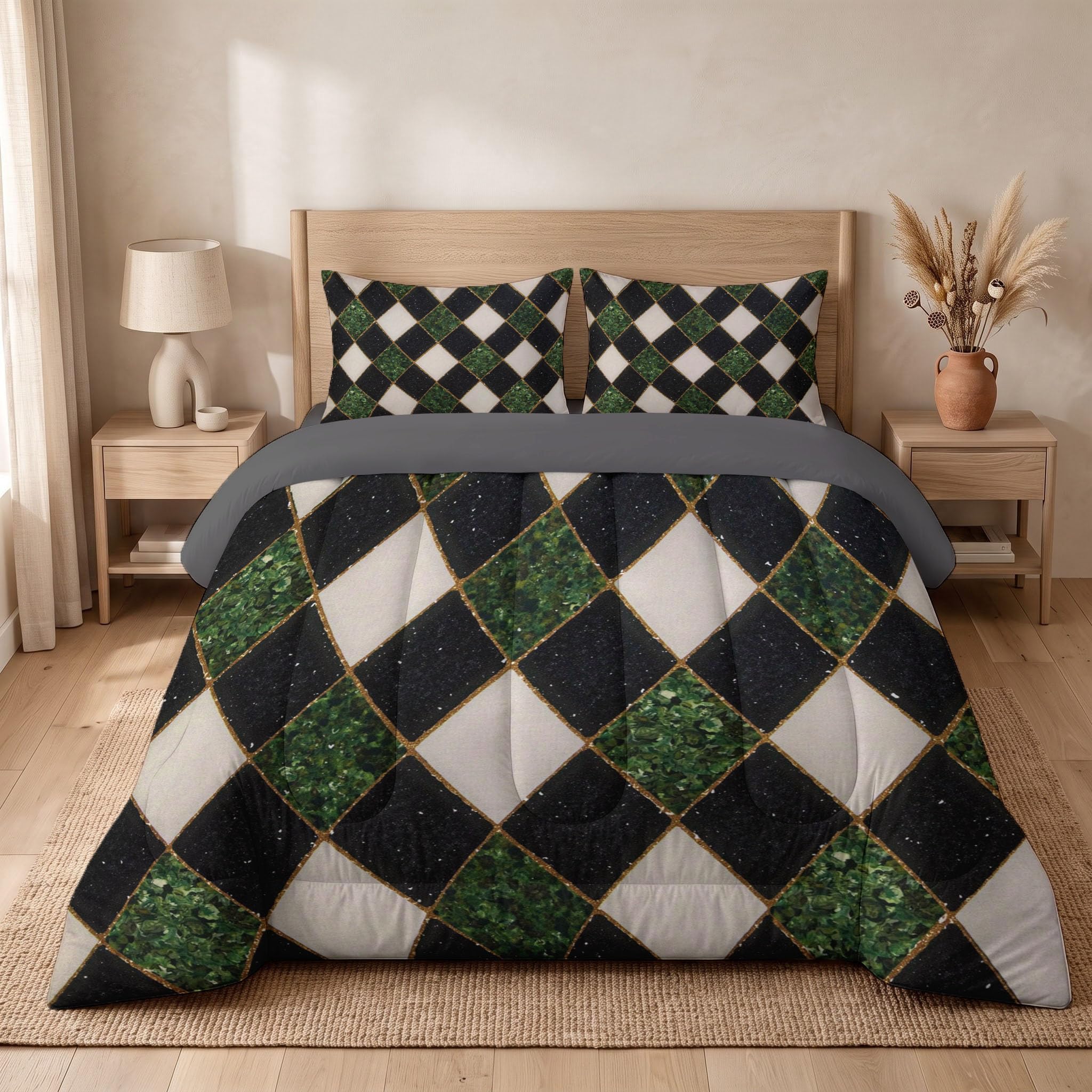 Couette Motif en Losange 2pc Fille Tempérée pour lit 1 Personne-100% Microfibre -Enfant 4 Saisons et 220x240cm + 1 Taie d'oreiller 65x65 cm -Luxe rétro géométrique Lumineux