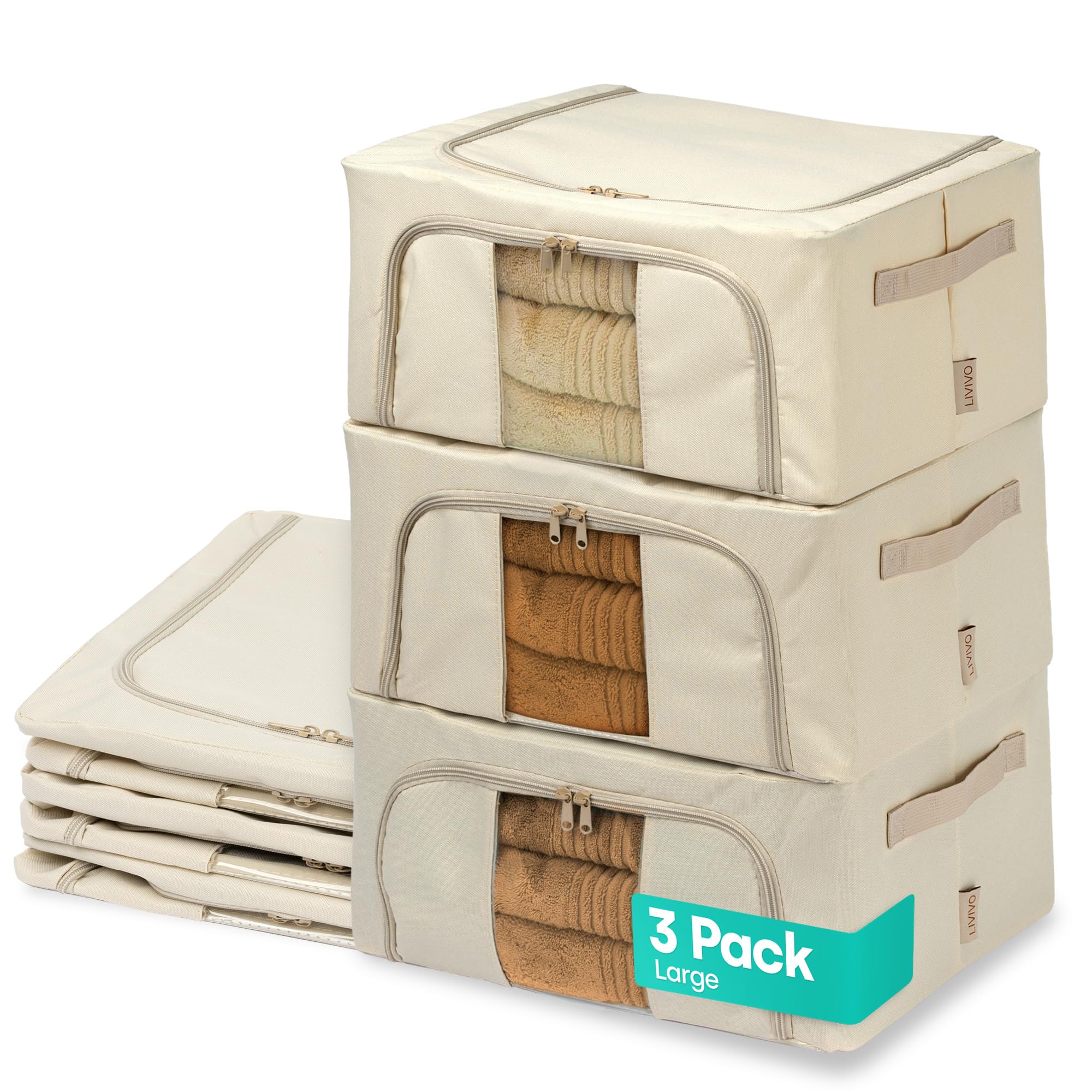 Livivo 24L - Beige Set Of 3 Storage Bags Boxes Organiser - Collapsible Storage Box With Double Opening Zips & Clear Windows For Storing Duvets, Blankets, Bedding, Clothes, Towels, Sweaters, Toys - 24L, Beige