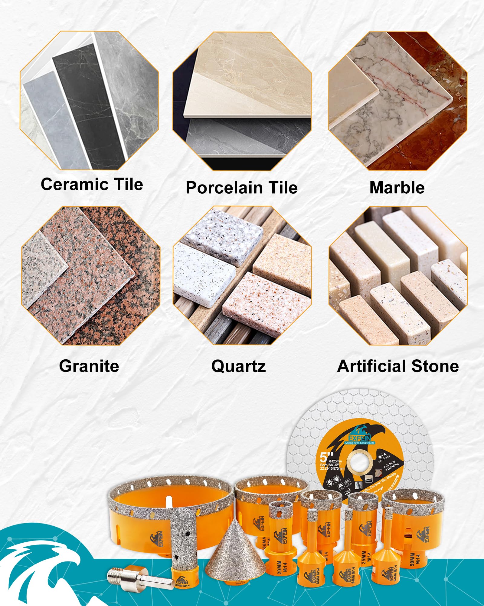 Kit de foret diamanté, 6/6/8/20/25/35/50/68/110mm de taille, scie de cloche diamantée, avec fraise à doigts de 20/50 mm, un adaptateur, pour porcelaine, carrelage, granit, marbre, perçage à sec